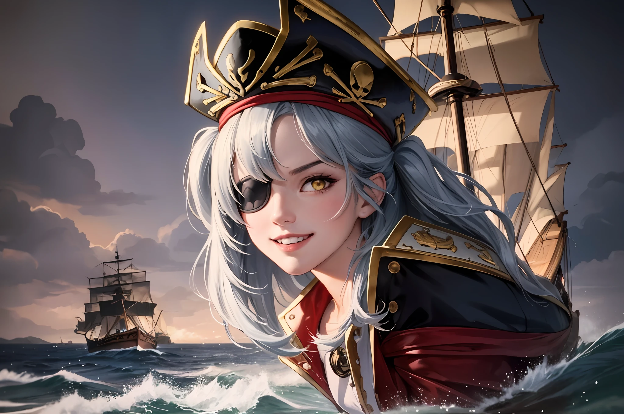 masterpiece:1.2, best quality, ship's steering, pirate ship background, portrait night time, stormy, sea, lightning centered, grey hair, very long hair, yellow eyes, cycpripirate, ((eyepatch)), pirate hat, pirate, coat, plume, feather hair ornament, tube top, ((old pirate)), ((man)), pirate, looking at viewer, smirk, glowing yellow eyes, ((crazy smile))