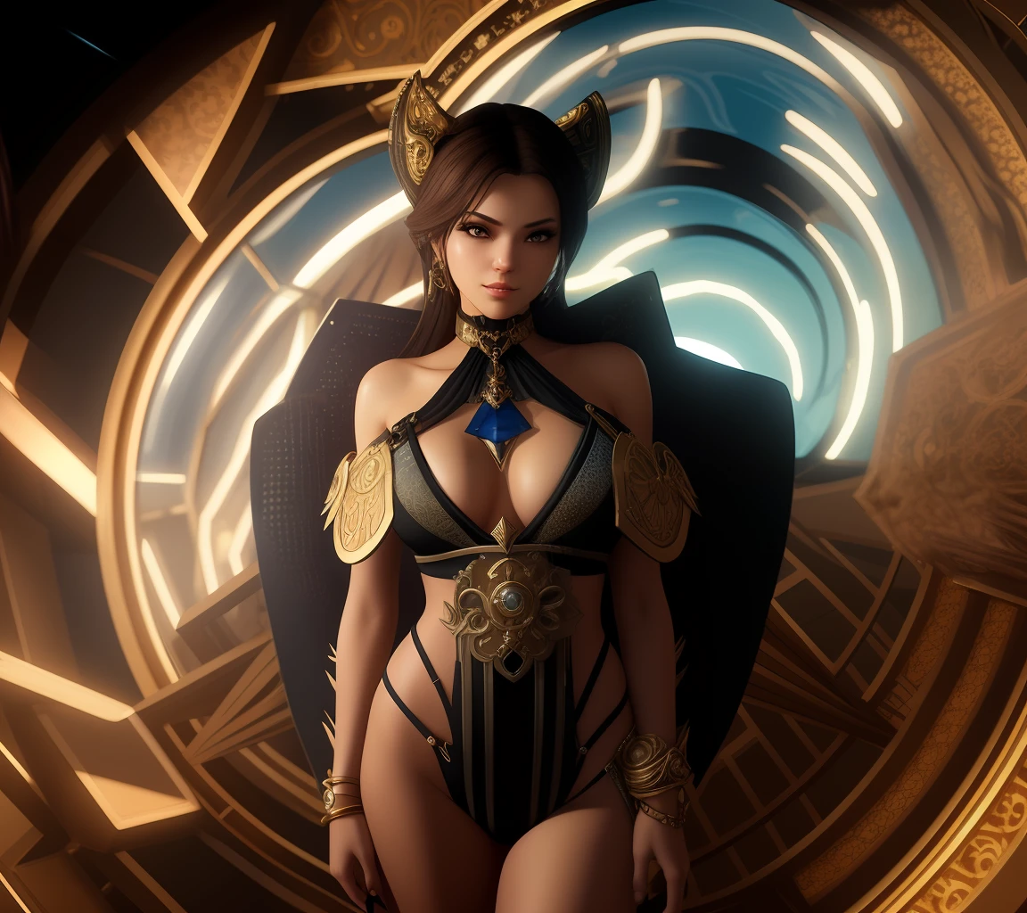 a woman in a bikini and gold jewelry standing in front of a circular mirror, unreal engine render + a goddess, cinematic goddess body shot, cgsociety 8 k, fantasy style 8 k octane render, cgsociety 8k, cgsociety 8k, 3 d render character art 8 k, cyber steampunk 8 k 3 d, hyperdetailed fantasy character, art nouveau octane render