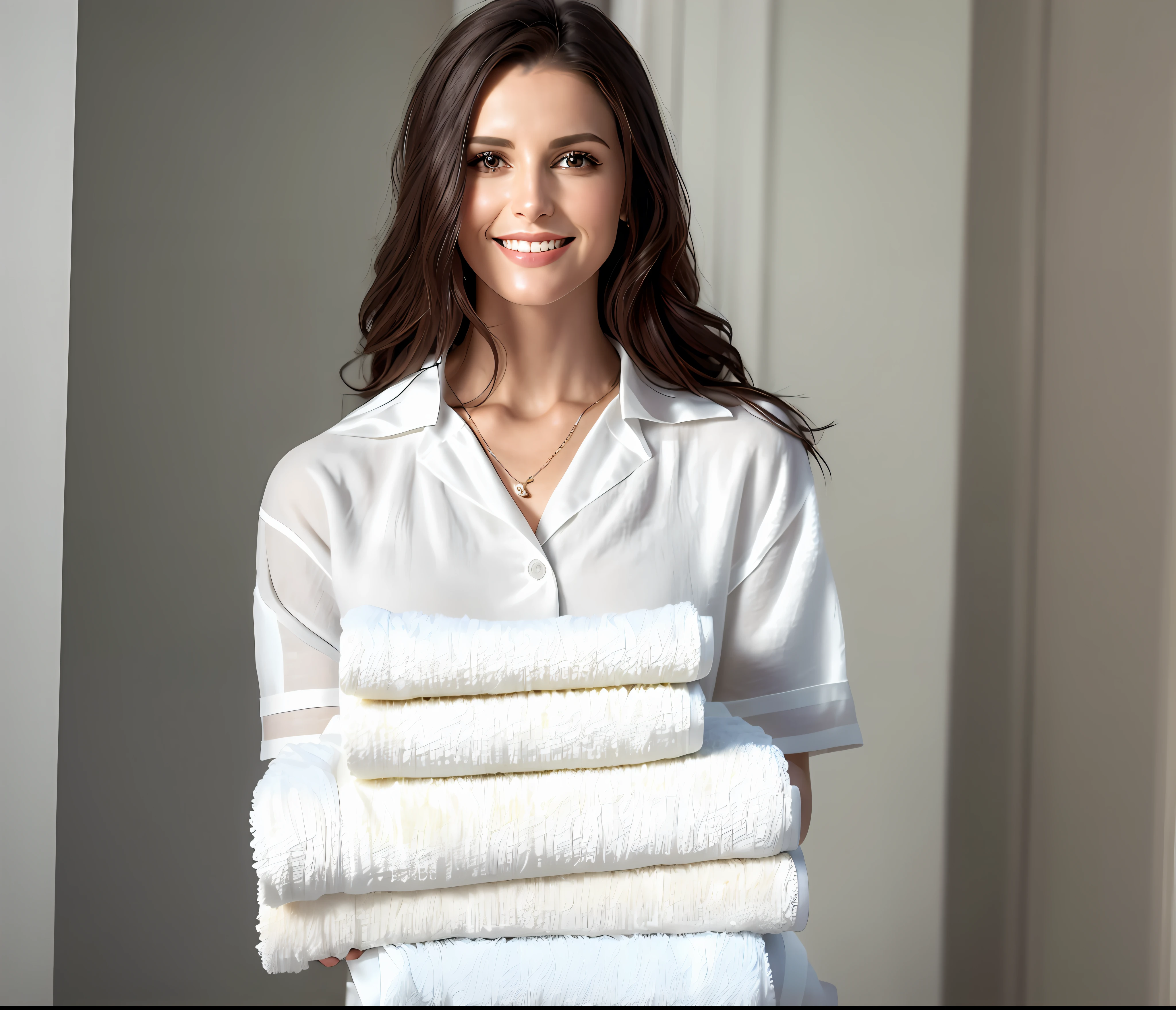 a woman holding a stack of towels in a hotel room, towels, maid, perfect detail, linen, wearing a towel, dirty linen robes, professional, wearing maid uniform, crisp detail, elegant design, wearing simple robes, domestic, wearing white cloths, decorative, very professional, an elegant, professional image, clean and neat, polished, high quality portrait, beautiful views