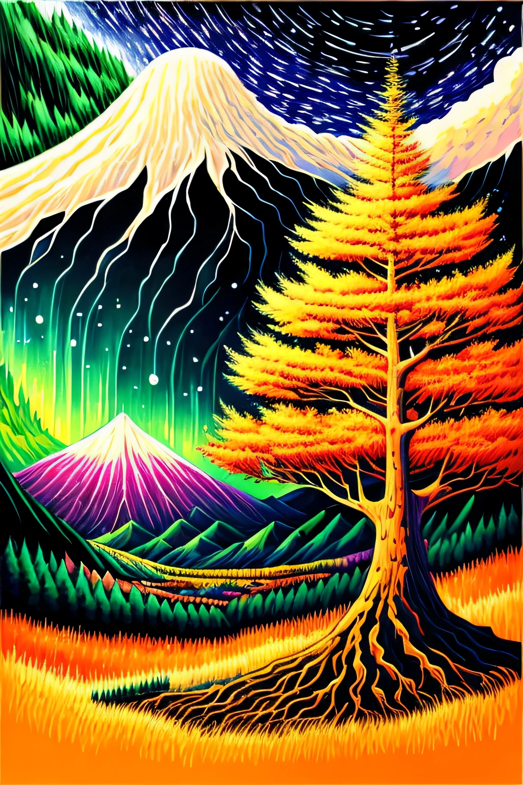 Intricate painting of a detailed japanese forest, by range murata, an aurora borealis in the background, clouds, vivid colors, high contrast, mountain scape, vector line art, orange highlights, trending in pixiv, anime concept art, awesome, matte, high quality, edge-to-edge, van gogh