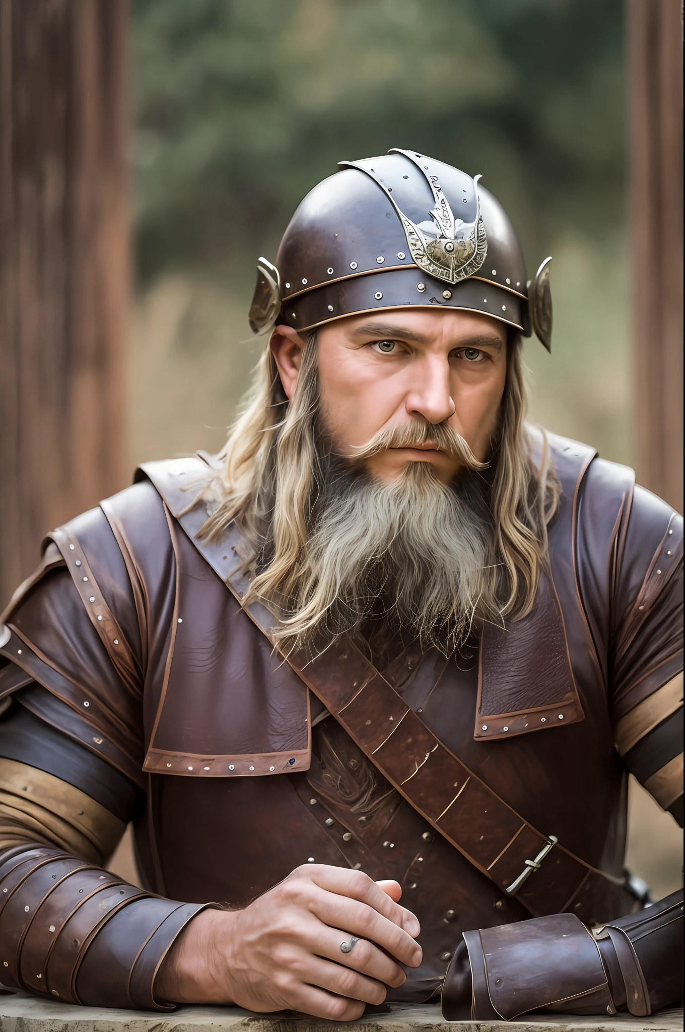 Foto RAW, viking da escandinava, um homem com barba e cabelo grande e preto de 40 anos usando roupas de viking da epoca, usando armadura, detalhes da roupa, com cicatrizes no rosto, gordo, (fundo de montanhas) (rosto com marcas de guerra altamente detalhado 1.2), 32k uhd, DSLR, smooth lighting, alta qualidade, film grain, Fujifilm XT3  --i --auto --s2