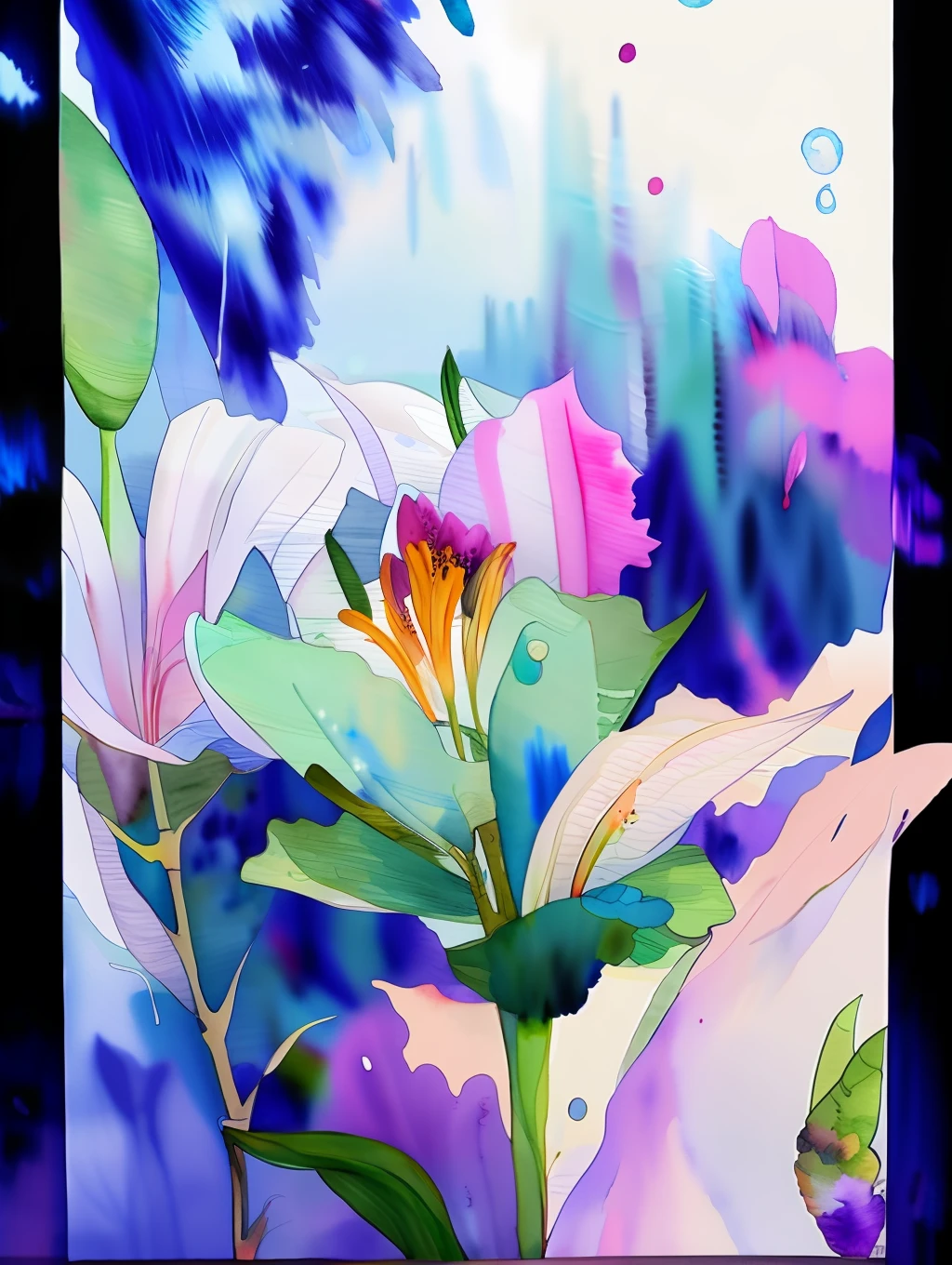 watercolor style, (lilies) digital art, official art, blown by the wind, masterpiece, beautiful, ((watercolor)), paint splatter, intricate detail. Great detail, [dripping:1.0], Trending on Artstation, Rachel Walker