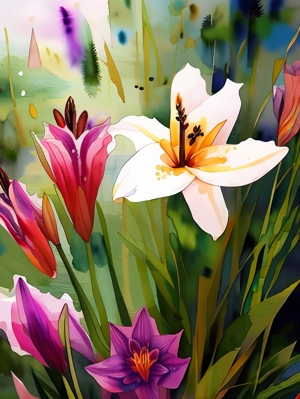 watercolor style, (lilies) digital art, official art, blown by the wind, masterpiece, beautiful, ((watercolor)), paint splatter, intricate detail. Great detail, [dripping:1.0], Trending on Artstation, Rachel Walker