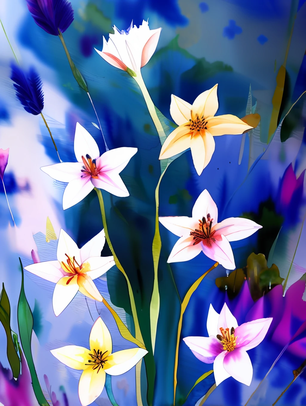 watercolor style, (lilies) digital art, official art, blown by the wind, masterpiece, beautiful, ((watercolor)), paint splatter, intricate detail. Great detail, [dripping:1.0], Trending on Artstation, Rachel Walker