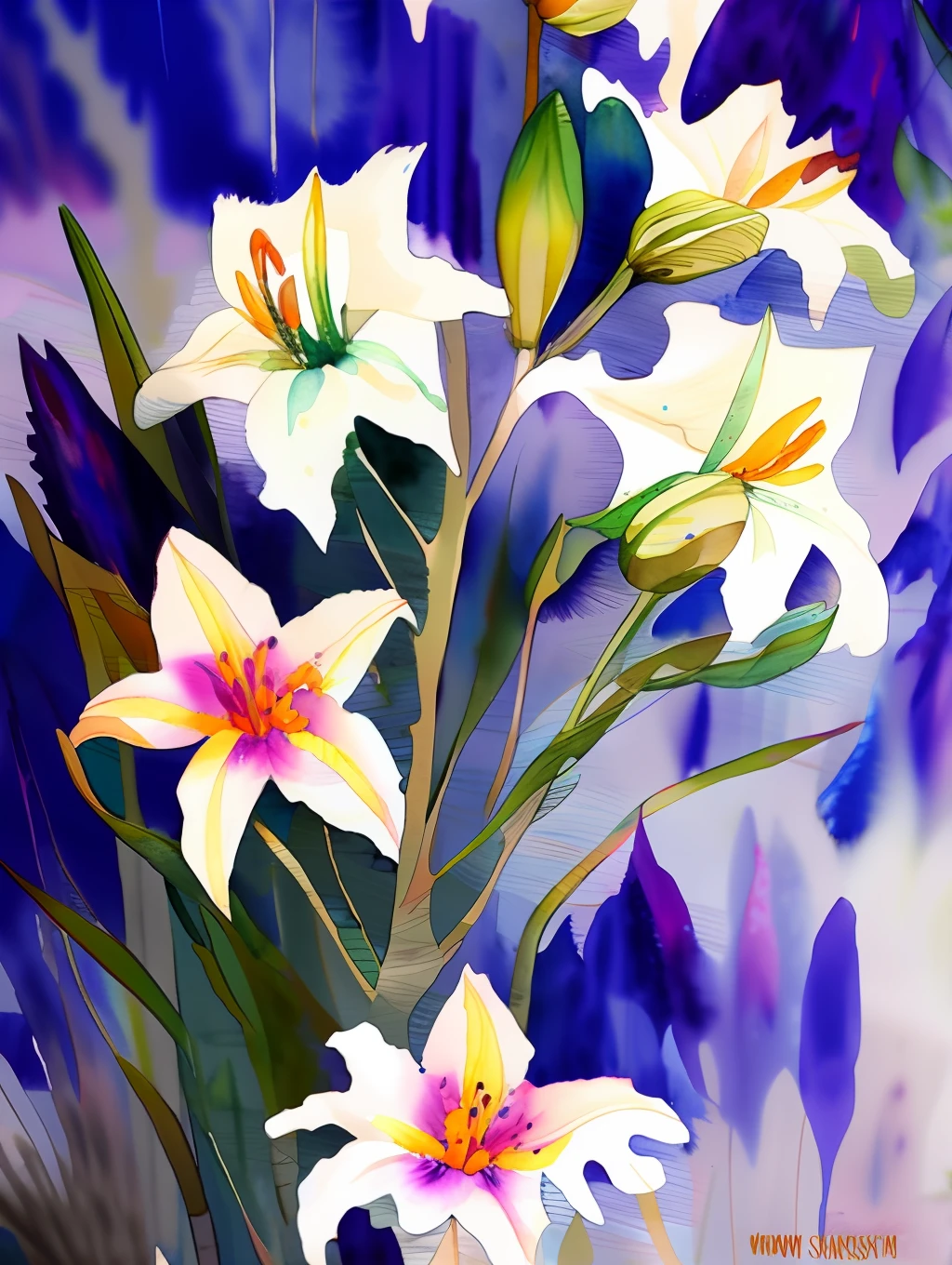 watercolor style, (lilies) digital art, official art, blown by the wind, masterpiece, beautiful, ((watercolor)), paint splatter, intricate detail. Great detail, [dripping:1.0], Trending on Artstation, Rachel Walker