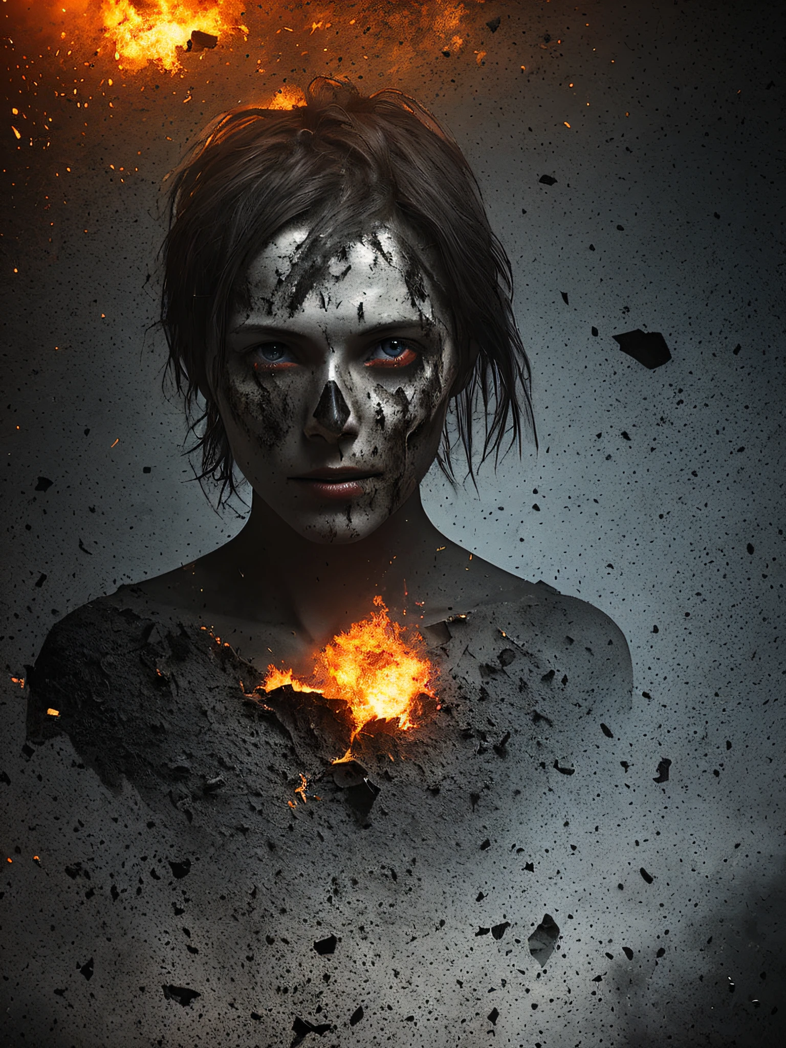 skin from chaos, dark atmosphere, dust explosion inside