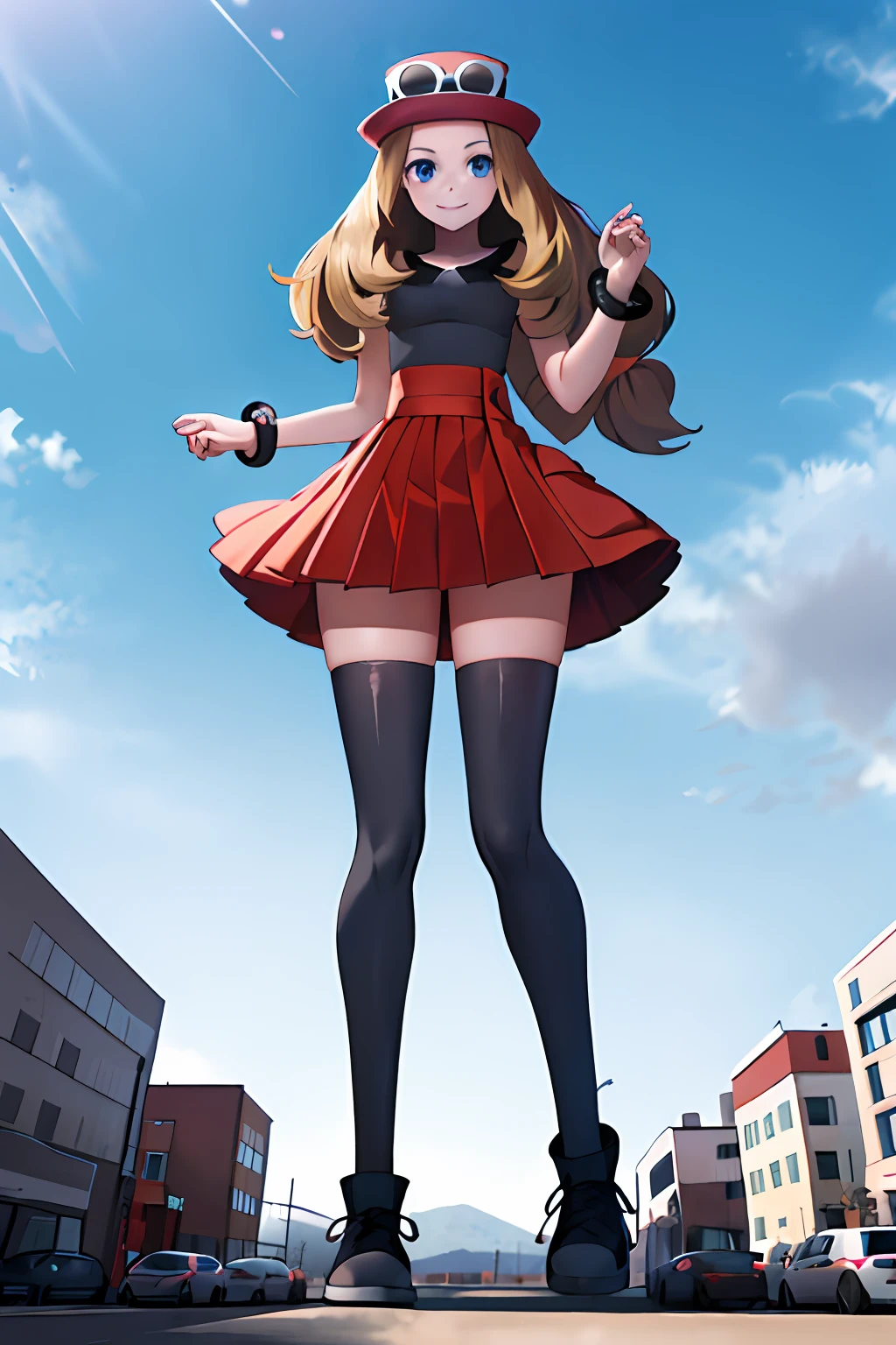masterpiece, best quality, highres, blue eyes, serena \(pokemon\), 1girl, solo, thighhighs, long hair, hat, jewelry, bracelet, black thighhighs, collared shirt, pleated skirt, red skirt, sleeveless, high-waist skirt, sleeveless shirt, eyelashes, pink headwear, black shirt, eyewear on headwear, (full body:1.5), giantess, smile, closed mouth, (from below:1.5), thick thighs, looking down at viewer, ???????, character_pokemon_serena, gts, large breasts, city, looming,