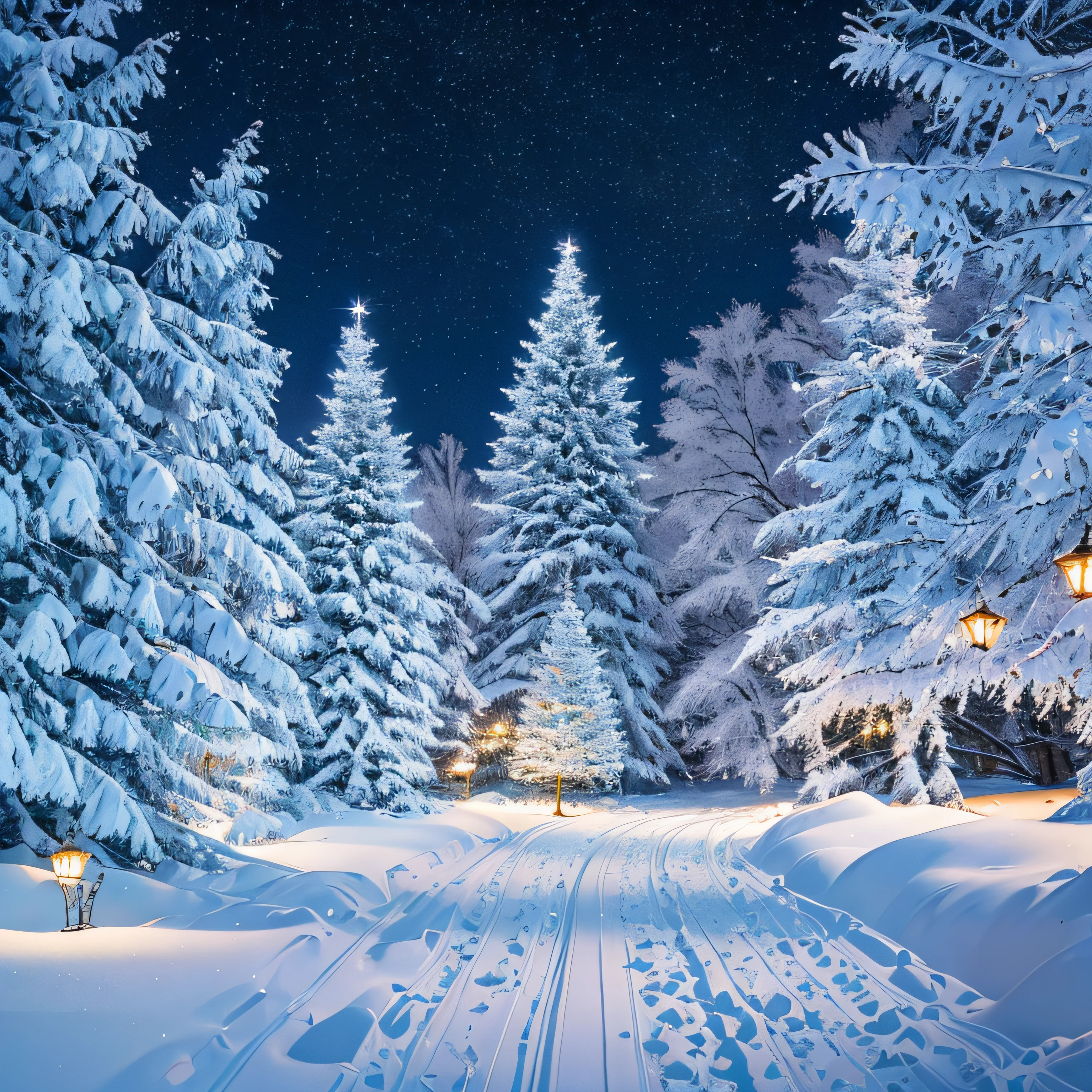 eine Schneelandschaft, Berge, Nacht, ein Tannenbaum steht voller Schnee, darauf leuchten Lichtketten, beautiful snowflakes are falling, there are gifts under the tree and there is a magical atmosphere, Meisterwerk, Ultrarealistisch, 8k --auto