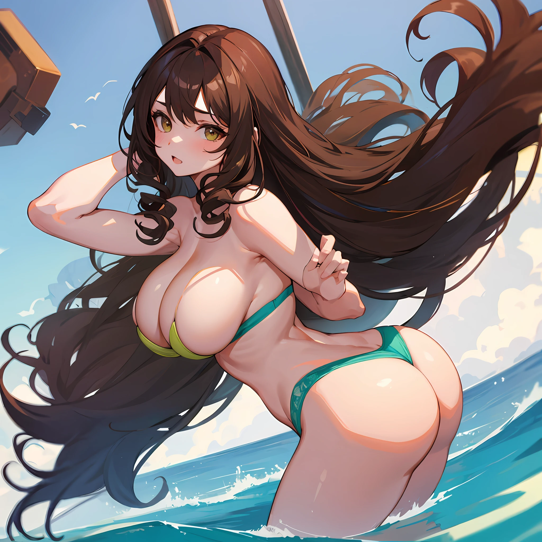 1девушка, curly fulfilled hair, brightly-brown hair, big breast, big booty, brightly-green underwear, brightly-brown eyes, Sexy, Naked, Sunny, hazel