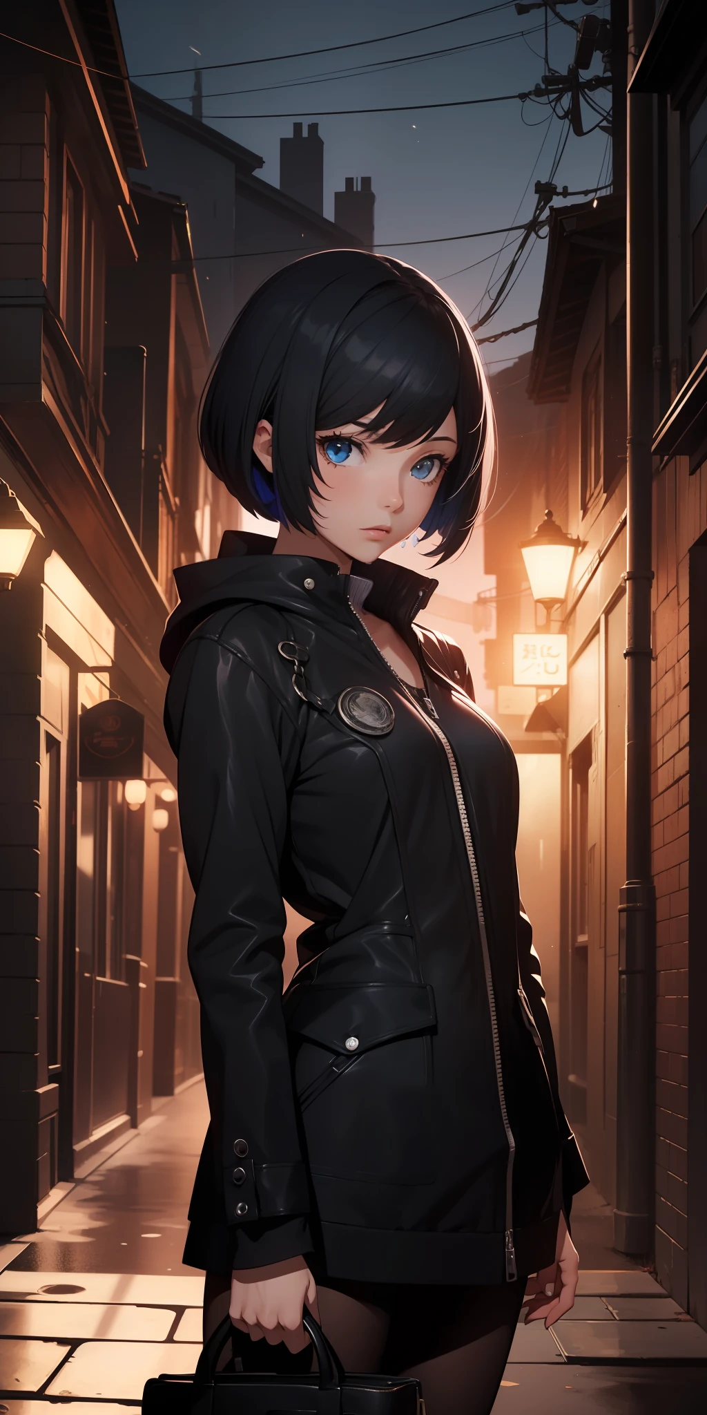 (masterpiece:1.4) (masterpiece, best quality, highres, ultra detailed ), absurdres, ultra-detailed, 1girl, persona 3, black and blue, with a persona entity, night, depth of field