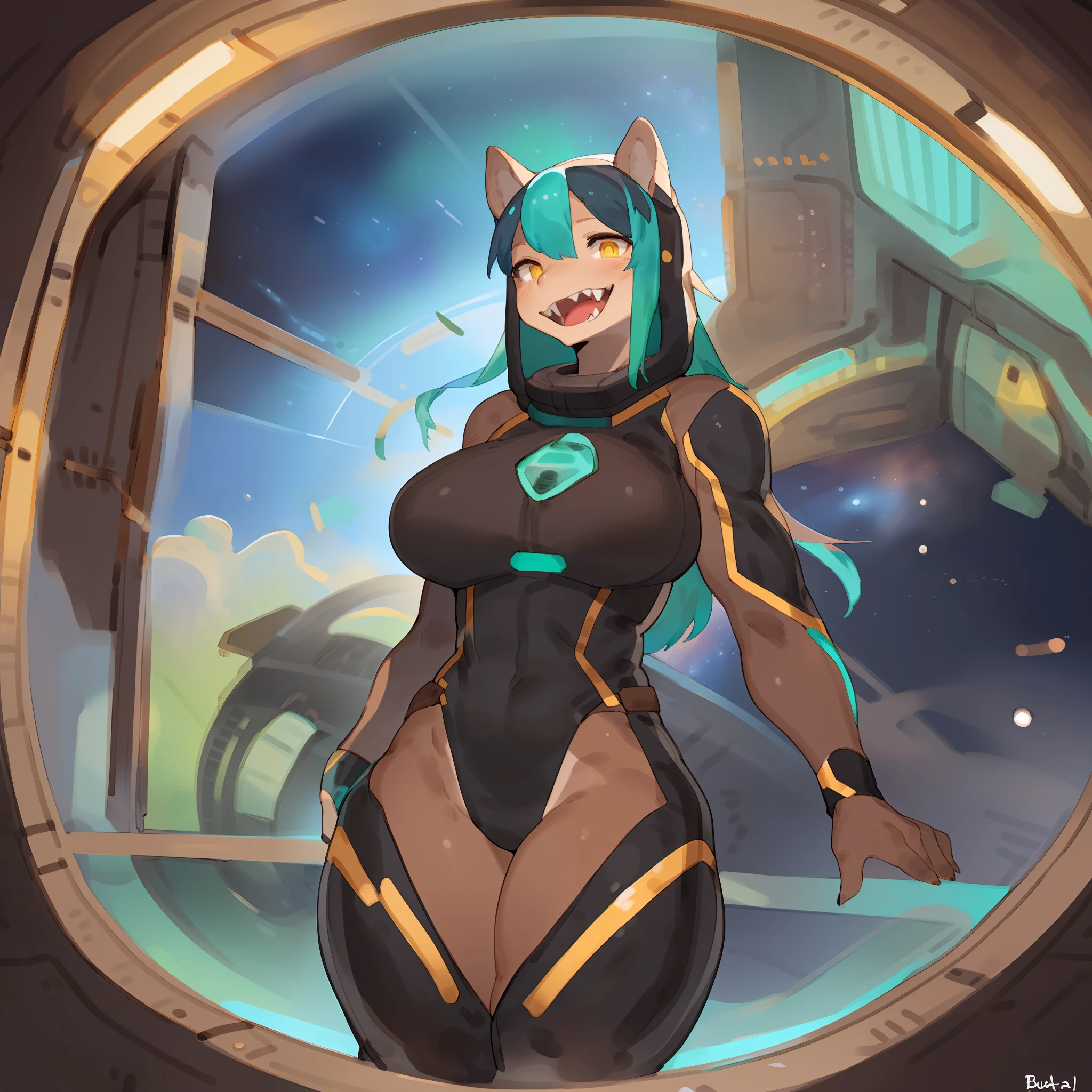 Solo, female, alligator, teeth, yellow teeth, fangs, yellow eyes, brown body, brown skin, muscular, athletic, big, large, tall, big breasts, dark teal jumpsuit, dark teal spacesuit, space, spaceship, window, by bebebebebe, (((by buta99))), by sindoll, by cervina7