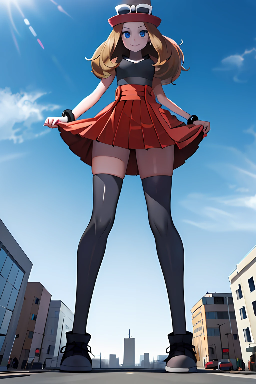 masterpiece, best quality, highres, blue eyes, serena \(pokemon\), 1girl, solo, thighhighs, long hair, hat, jewelry, bracelet, black thighhighs, collared shirt, pleated skirt, red skirt, sleeveless, high-waist skirt, sleeveless shirt, eyelashes, pink headwear, black shirt, eyewear on headwear, (full body:1.5), giantess, smile, closed mouth, (from below:1.5), thick thighs, looking down at viewer, upskirt, character_pokemon_serena, gts, large breasts, city, looming,