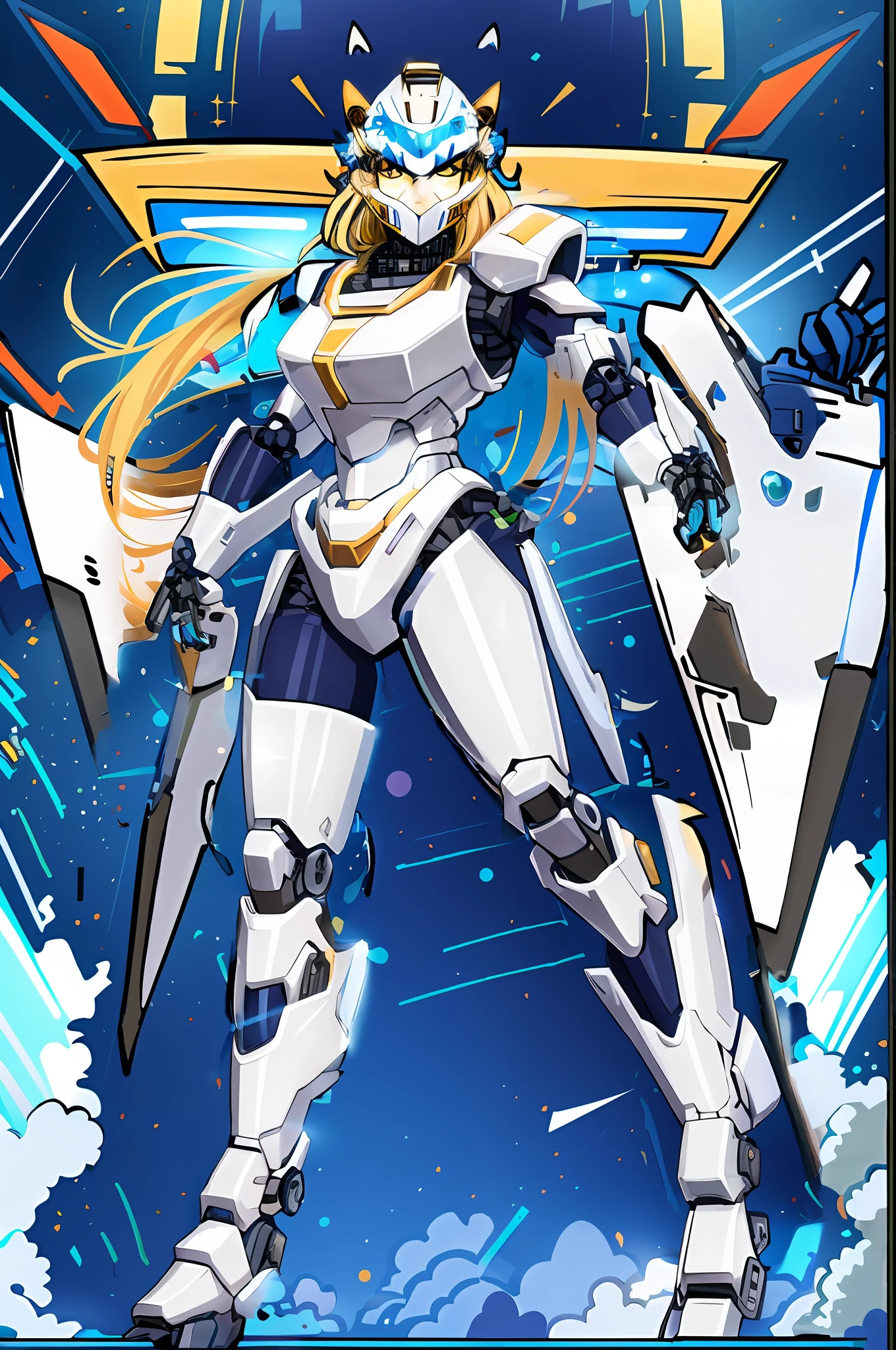 Blonde female woman wearing a full-body and Head wolf cybersuit, wolf mechsuit, full-body wolf-theme cyber armor, wolf helmet, cybersuit helmet, mechsuit helmet, heavy sci-fi armor, cyberspace wolf-theme suit, knight armor, large mechanical visor