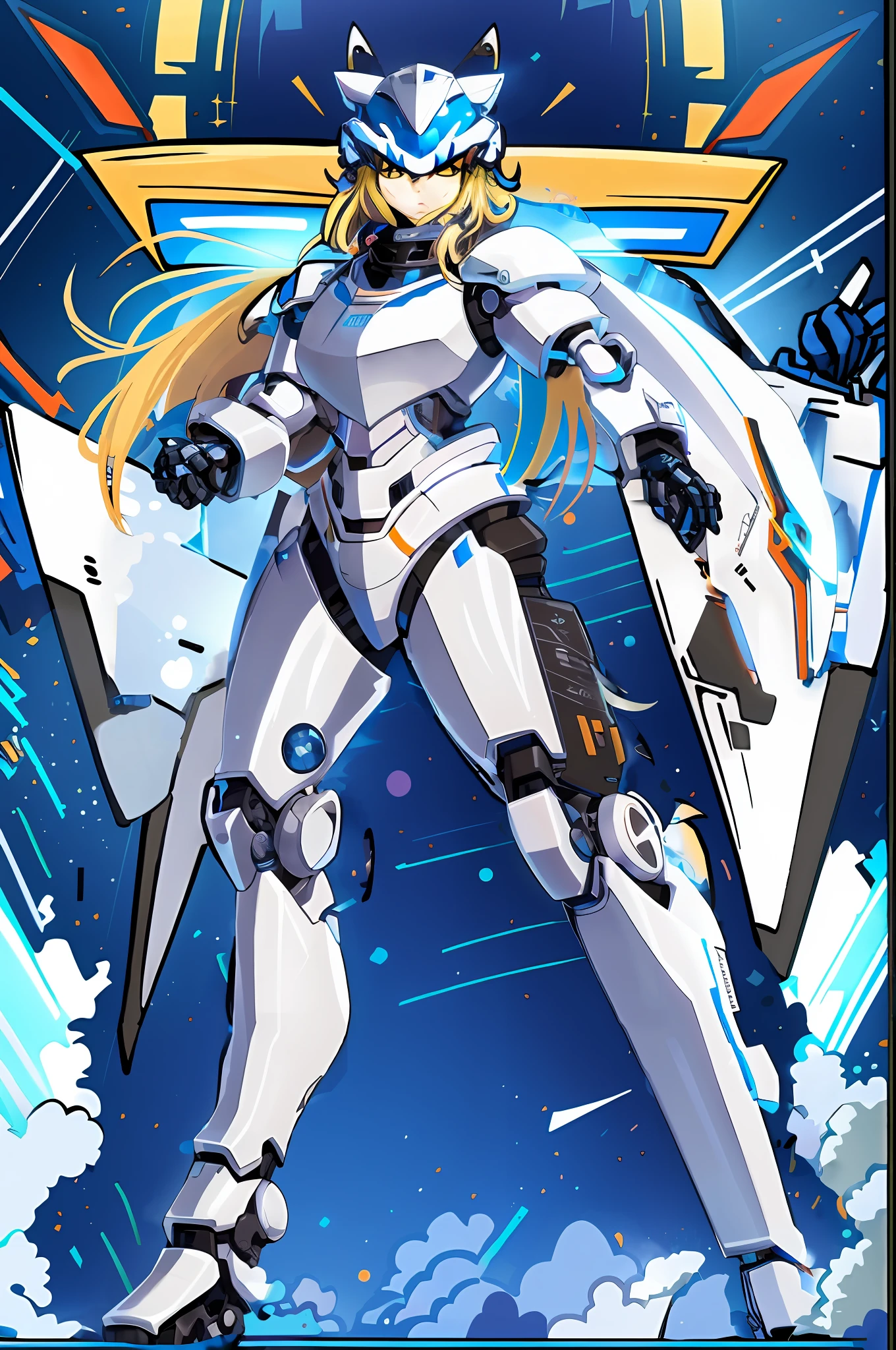 Blonde female woman wearing a full-body and Head wolf cybersuit, wolf mechsuit, full-body wolf-theme cyber armor, wolf helmet, cybersuit helmet, mechsuit helmet, heavy sci-fi armor, cyberspace wolf-theme suit, knight armor, large mechanical visor