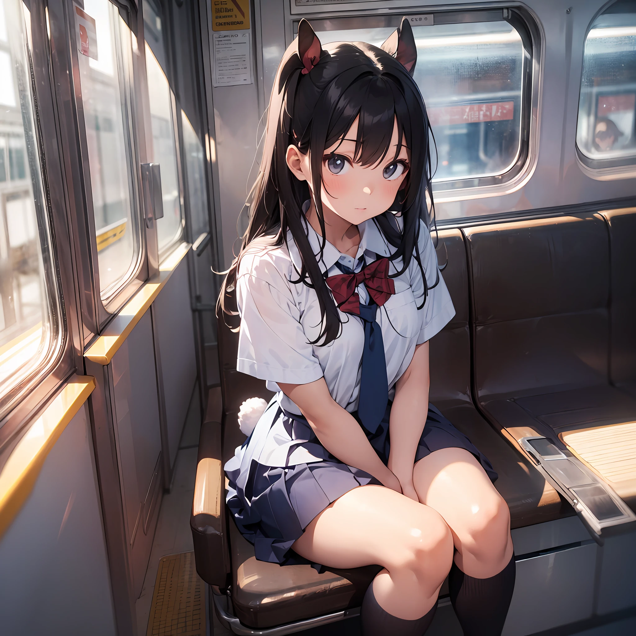 Rabbit-eared girl　On the train　Sitting　School Uniforms　Backlit