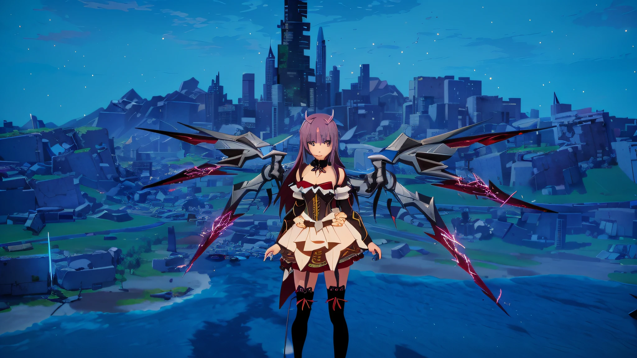 Anime A demon stands on a mountain, in the background you can see a destroyed city