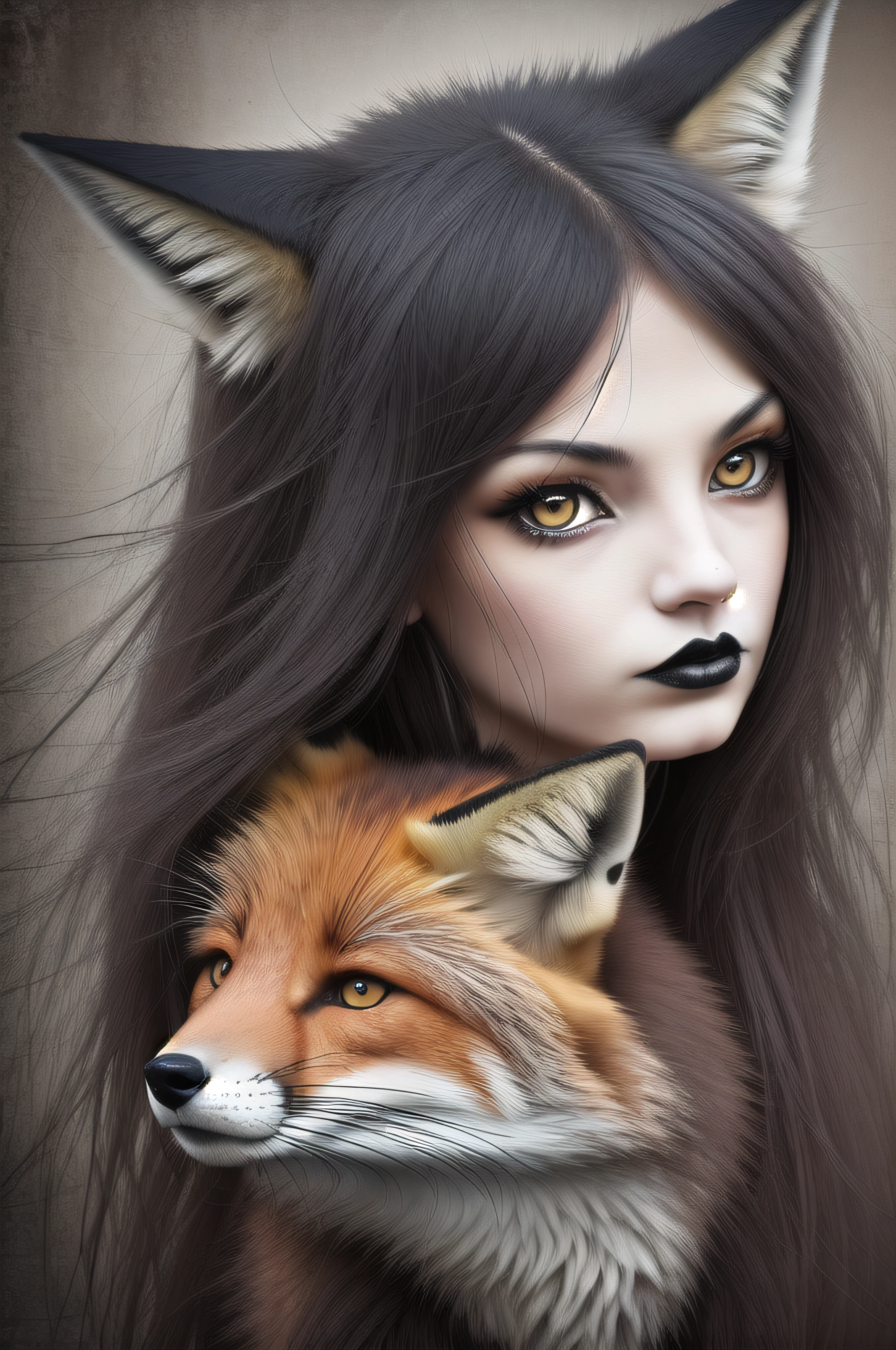Gothic style fox girl, European style, high quality, gloomy animal kingdom, expressive look, animal aggression