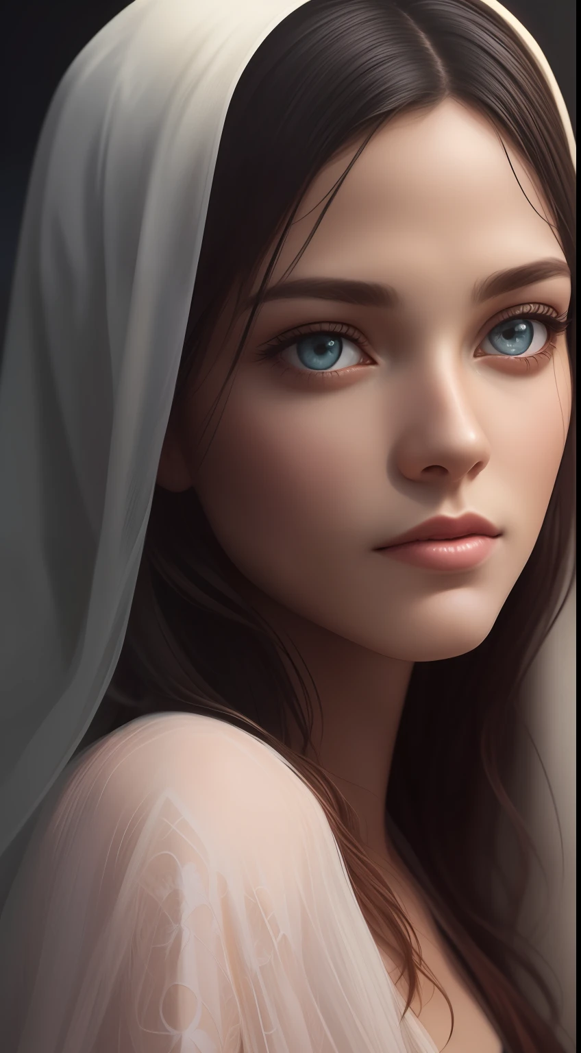 a photorealistic portrait of a stunningly beautiful woman without make-up, extremely detailed light hazel eyes, detailed symmetric realistic face, natural skin , extremely detailed skin with skin pores, peach fuzz, messy hair, wearing shawl over her head, masterpiece, absurdres, award winning photo by lee jeffries, nikon d850 film stock photograph, kodak portra 400 camera f1.6 lens, extremely detailed, amazing, fine detail, rich colors, hyper realistic lifelike texture, dramatic lighting, unrealengine, trending on artstation, cinestill 800 tungsten, looking at the viewer, photo realistic, RAW photo, TanvirTamim, high quality, highres, sharp focus, extremely detailed, cinematic lighting, 8k uhd