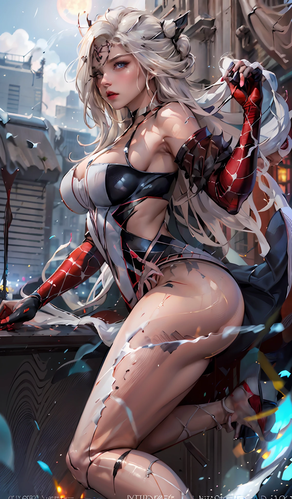 (Masterpiece, 4k resolution, ultra-realistic, very detailed), (White superhero theme, charismatic, there's a girl on top of town, wearing Spider-Man costume, she's a superhero), [ ((25 years), (long white hair:1.2), full body, (blue eyes:1.2), ((Spider-Man pose),show of strength, jumping from one building to another), ((sandy urban environment):0.8)| (cityscape, at night, dynamic lights), (full moon))] # Explanation: The Prompt mainly describes a 4K painting of ultra-high definition, very realistic, very detailed. It shows a superheroine at the top of the city, wearing a Spider-Man costume. The theme in the painting is a white superhero theme, the female protagonist has long white hair, is 25 years old and her entire body is shown in the painting. In terms of portraying the actions of superheroines, spiders are employed