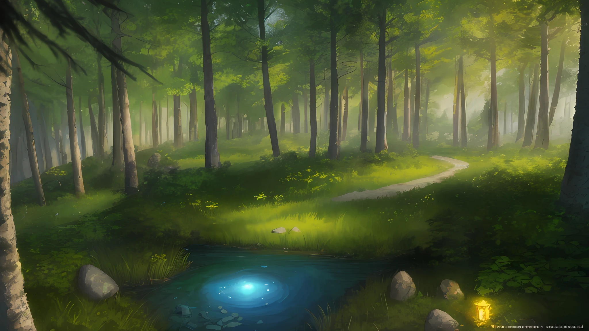 in the evening,late night,forests,A path crosses it,Small lake,Small stones,The forest painting is elegant,Large and small rocks,forest in the background,Forest settings,Random forest landscape,concept art by theCHAMBA,concept art by theCHAMBA,nigth