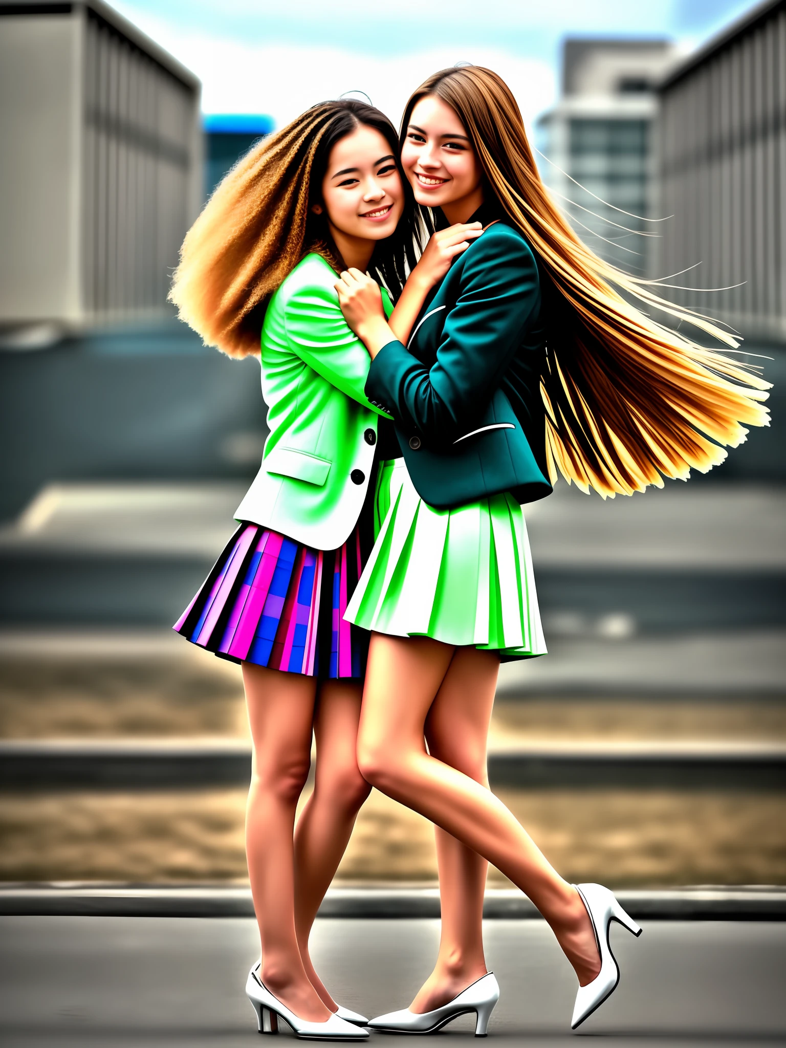 documetary photograph of many tender, compassionate, kind, flirty, shy smile, attractive, pretty, cute, passionate women who want to kiss and love women, all wearing long pleated skirts and short blazers and girly low heeled shoes, (wind blowing, windy:0,1),