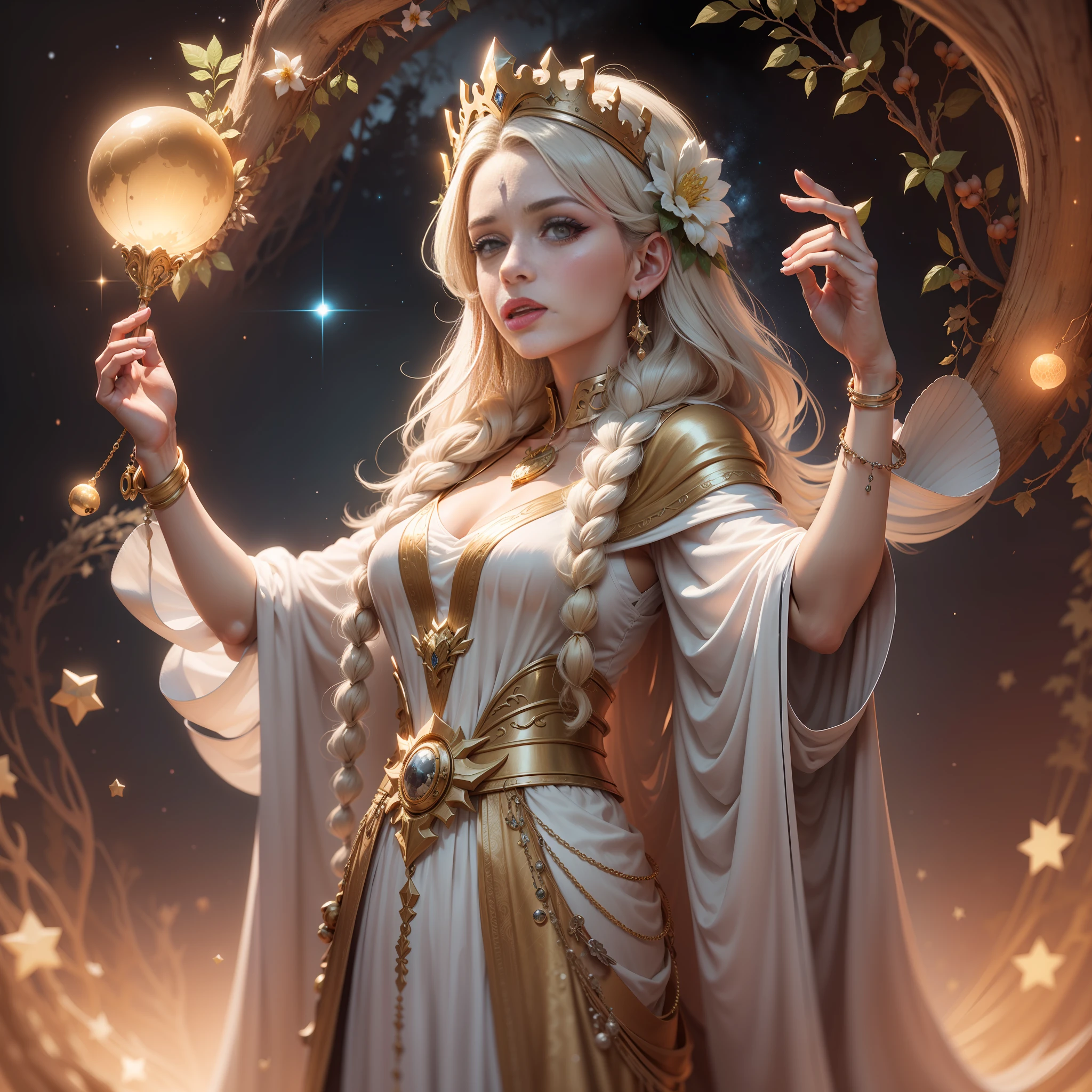 Deusa Hera, cabelo branco, idade 65 anos, sardas, cabelo liso, detalhado, roupa branca, roupa chiton, vestes longas, large cylindrical crown, detalhes em dourado, Pomegranate fruit, Poses gloriosas, noite, lua, estrelas, fundo olimpo, ultra-realista
