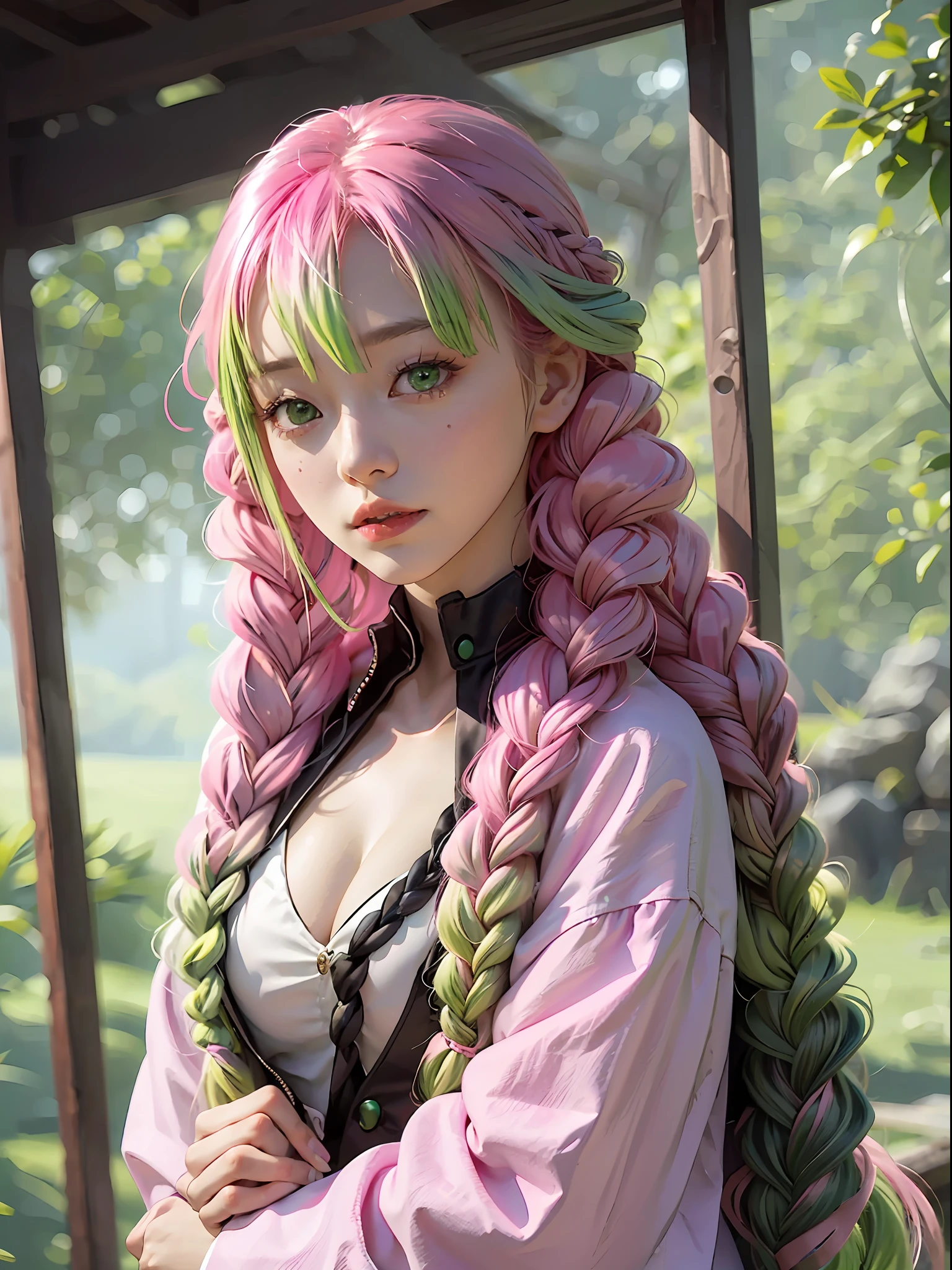 kanroji_mitsuri、1girl (Master peace、) (sthe highest qualit)(Shiny hair)(Glossy skin)、(gradation hair、GREEN、pink hair、Braids:1.2)、Holding a whip