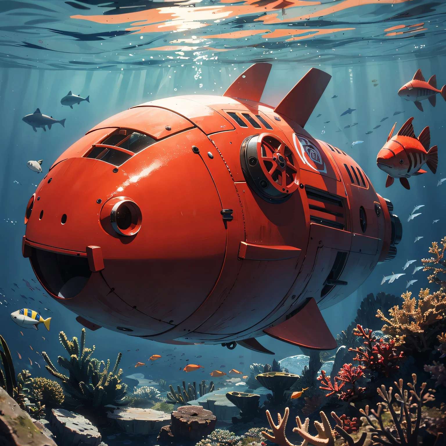 The image could show the submersible surrounded by marine life and exploring coral reefs. --auto