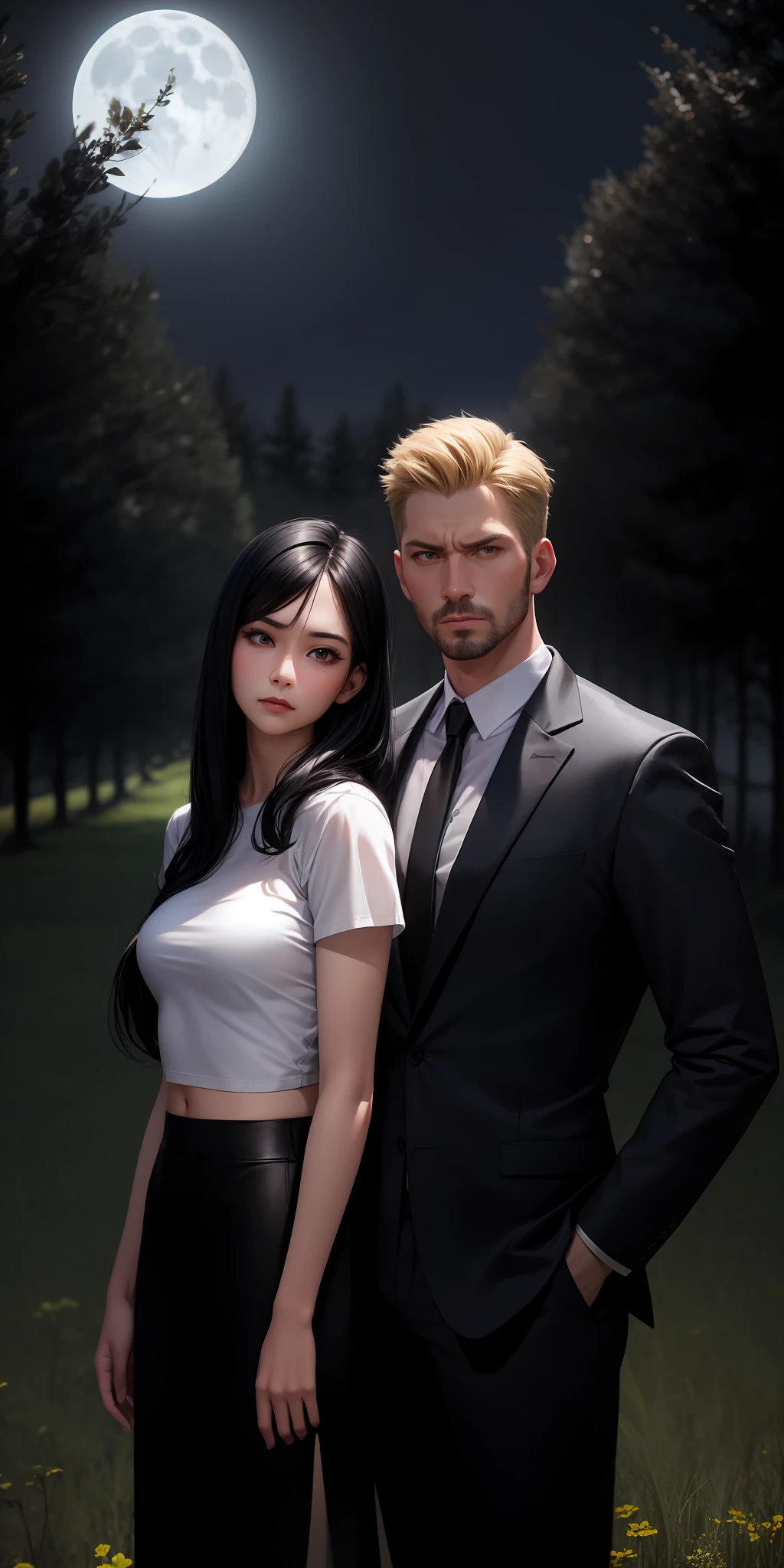 realistic, father and daughter, 1woman (long black hair), asiangirl, confident look, bright eyes, cropped top, skirt, hidden hands, moonlight, field, trees, square, 1man (long blond hair), russian man, strong masculine features, serious look, suit, lucifer, hands in pockets
