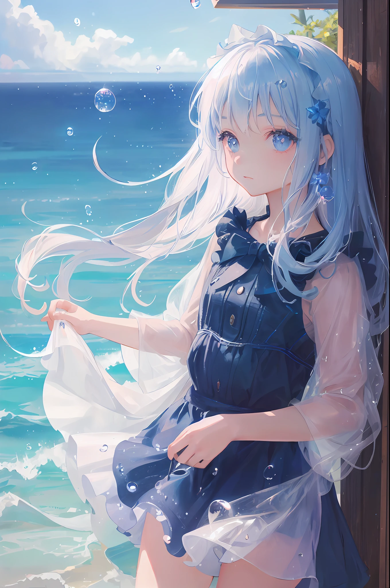 art by Cornflower, dreamer
(a girl who was small and had beautiful detailed eyes. The depth of field in the photo was perfect, and the lens flare added a nice touch. The finely detailed features of his face really stood out, and the score for this photo was definitely higher than 10. In the background, there was a beautiful ocean with crystal clear water and water droplets on the surface. It was a stunning photo that really captured the girl's beauty and fire.)