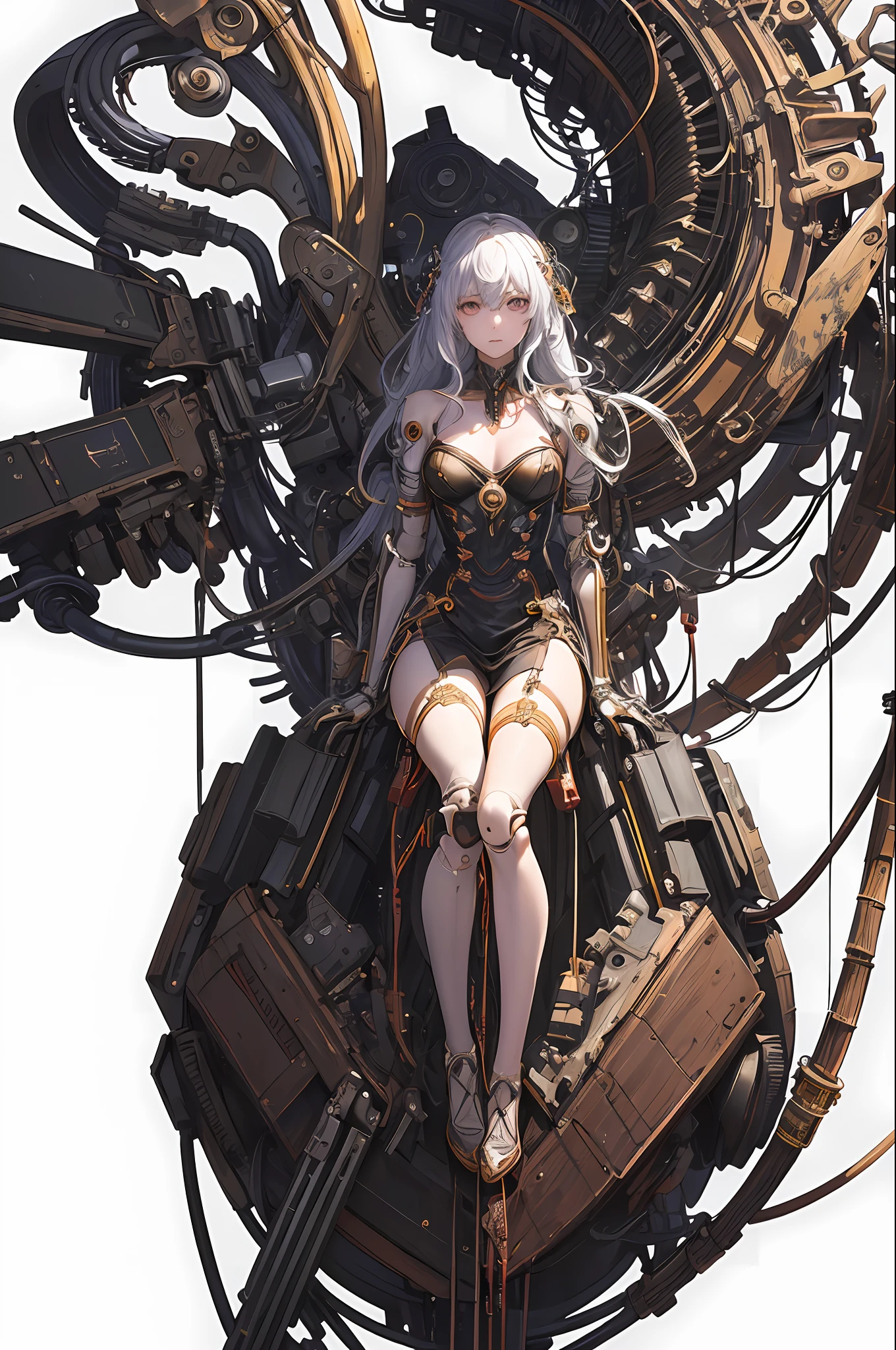 (masterpiece, superior quality, best quality, official art, beautiful and aesthetic, extremely detailed, colorful, more detailed anime art (highly detailed illustration), beautiful, (side), cinematic light,((1mechanical girl)),solo,full body,(machine-made joints:1.2),((mechanical limbs)),(blood vessels connected to tubes), (mechanical vertebra attached to the back),((mechanical cervial attached to the neck)),(sitting),without expression,(wires and cables attached to the neck:), (wires and cables on the head) (focus on character),science fiction, white background