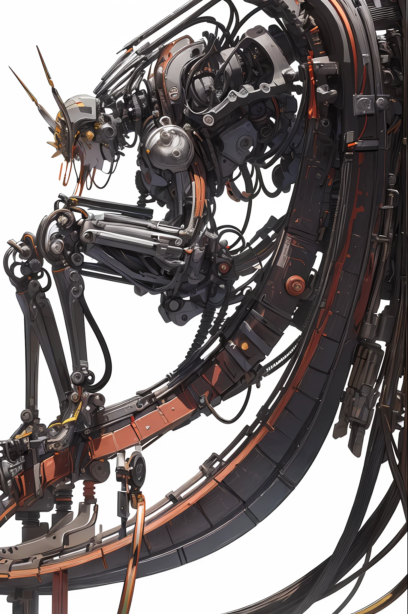 (masterpiece, superior quality, best quality, official art, beautiful and aesthetic, extremely detailed, colorful, more detailed anime art (highly detailed illustration), beautiful, (side), cinematic light,((1mechanical girl)),solo,full body,(machine-made joints:1.2),((mechanical limbs)),(blood vessels connected to tubes), (mechanical vertebra attached to the back),((mechanical cervial attached to the neck)),(sitting),without expression,(wires and cables attached to the neck:), (wires and cables on the head) (focus on character),science fiction, white background