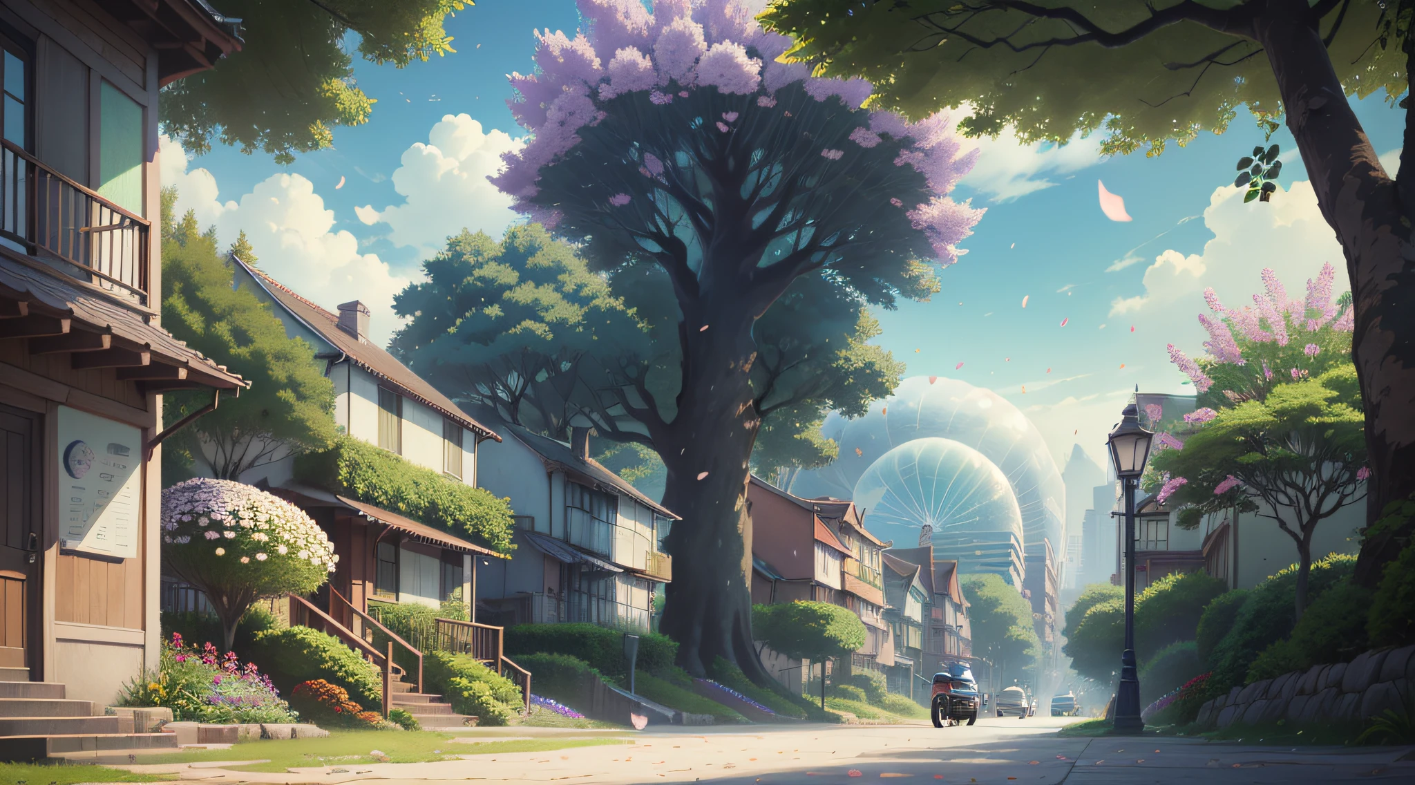 (Beautiful cityscape in the style of Studio Ghibli:1.4), obra-First Art Station, flower beds on sidewalks, trees on some sidewalks, gramados, pessoas longe do observador, ((silhuetas de pessoas ao longe)), (soap bubbles flying in the foreground), imagem rica em detalhes perfeitos, warm and warm pastel colors, blue skies, ((beautiful flower petals and flying leaves)), side lighting, luz solar nas casas e carros estacionados, 8K