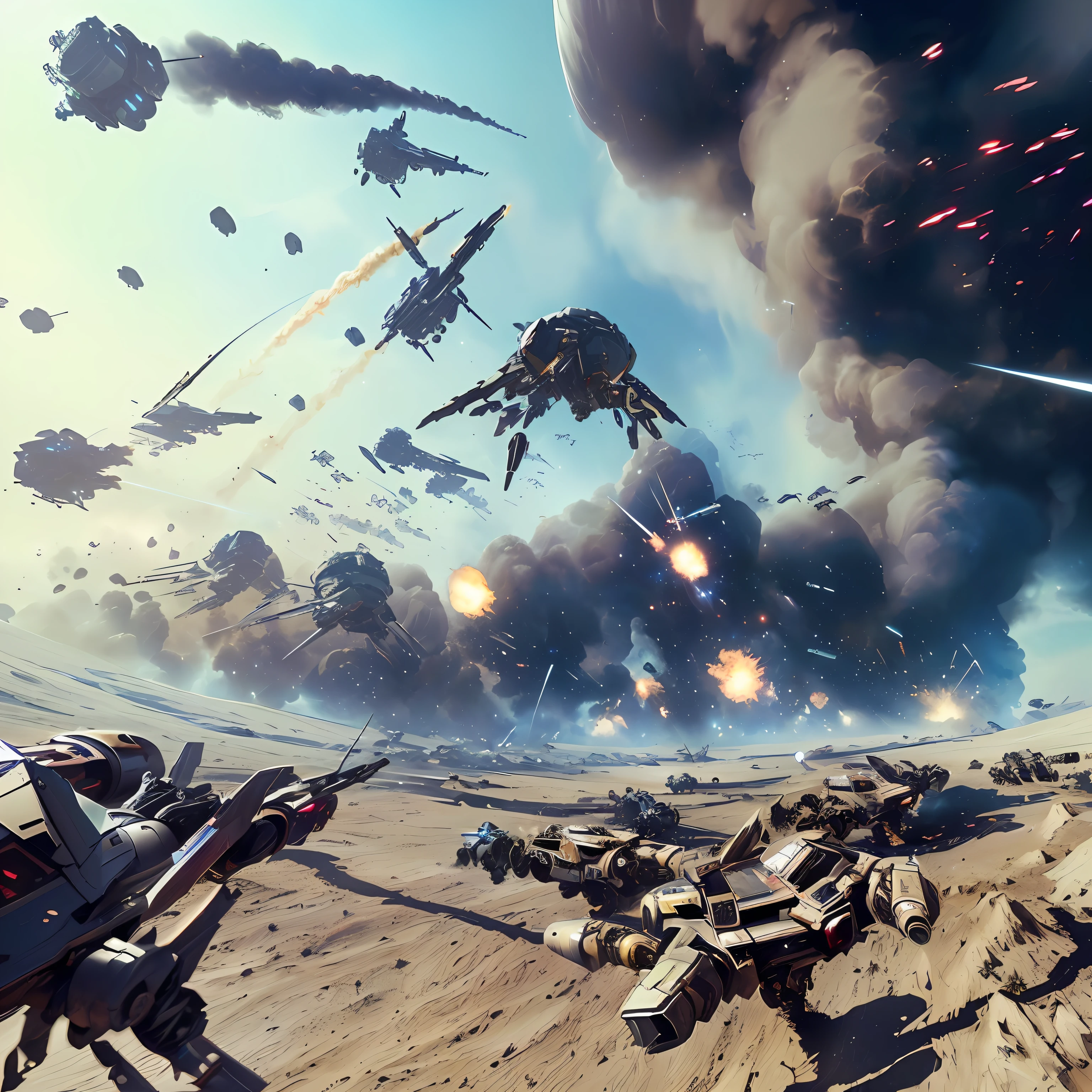 a close up of a bunch of spaceships flying over a desert, mech machines firing bullets, futuristic battlefield, wide shot of a spaceship battle, epic sci fi battle, soldiers and mech fight, landing in epic space battle, invasion time on planet earth, an epic space battle, fantastic screenshot art, ultra wide gameplay screenshot, huge space battle, gameplay still