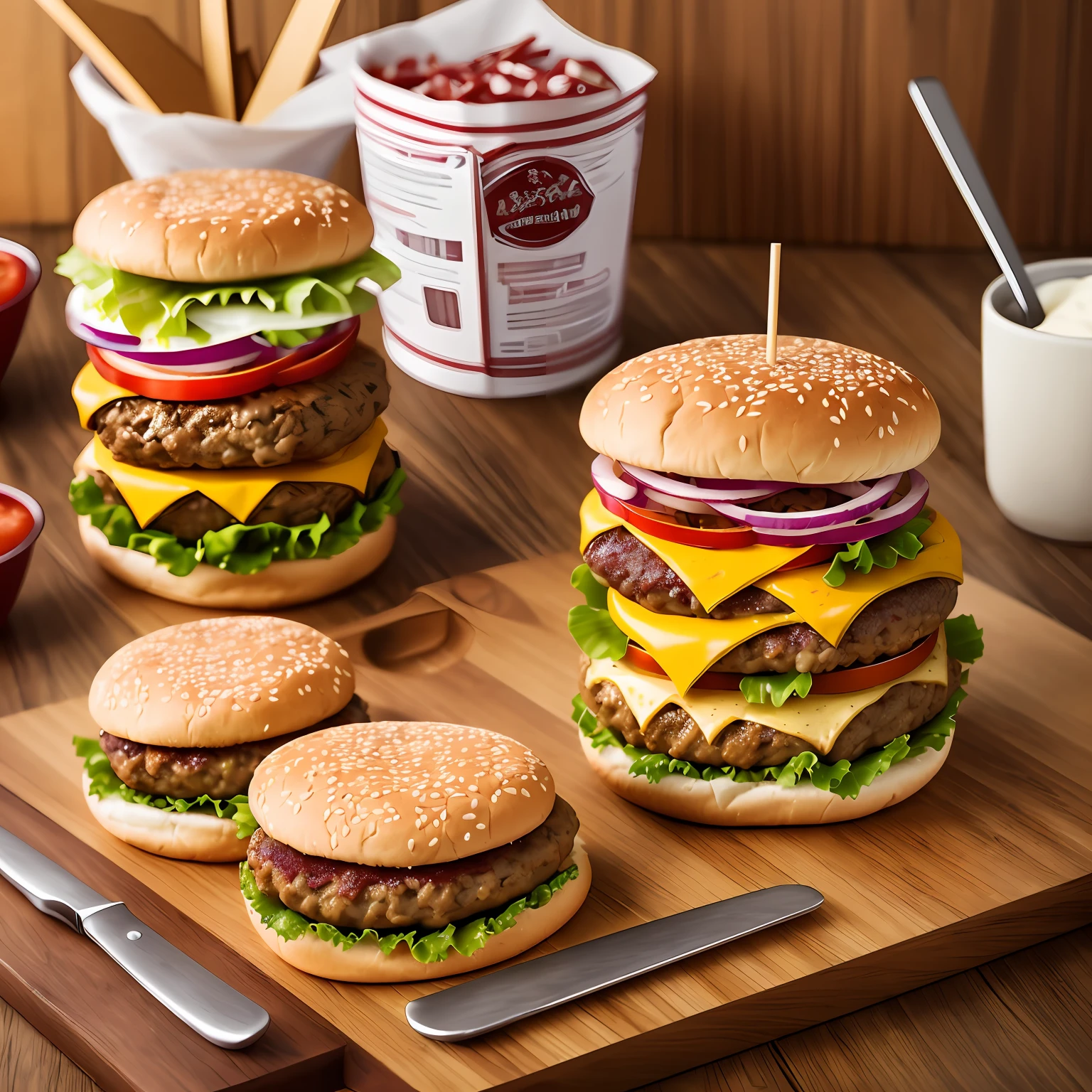 hyper realistic photo of a big mama burger, enormous lady eating dozens of burgers, photoshoot, shot on 70mm lens, shutter speed 1/1000, Ray tracing Global illumination, 8K, anti-aliasing, FKAA, TXAA, RTX, shaders, tone mapping, --ar 16:9 --auto