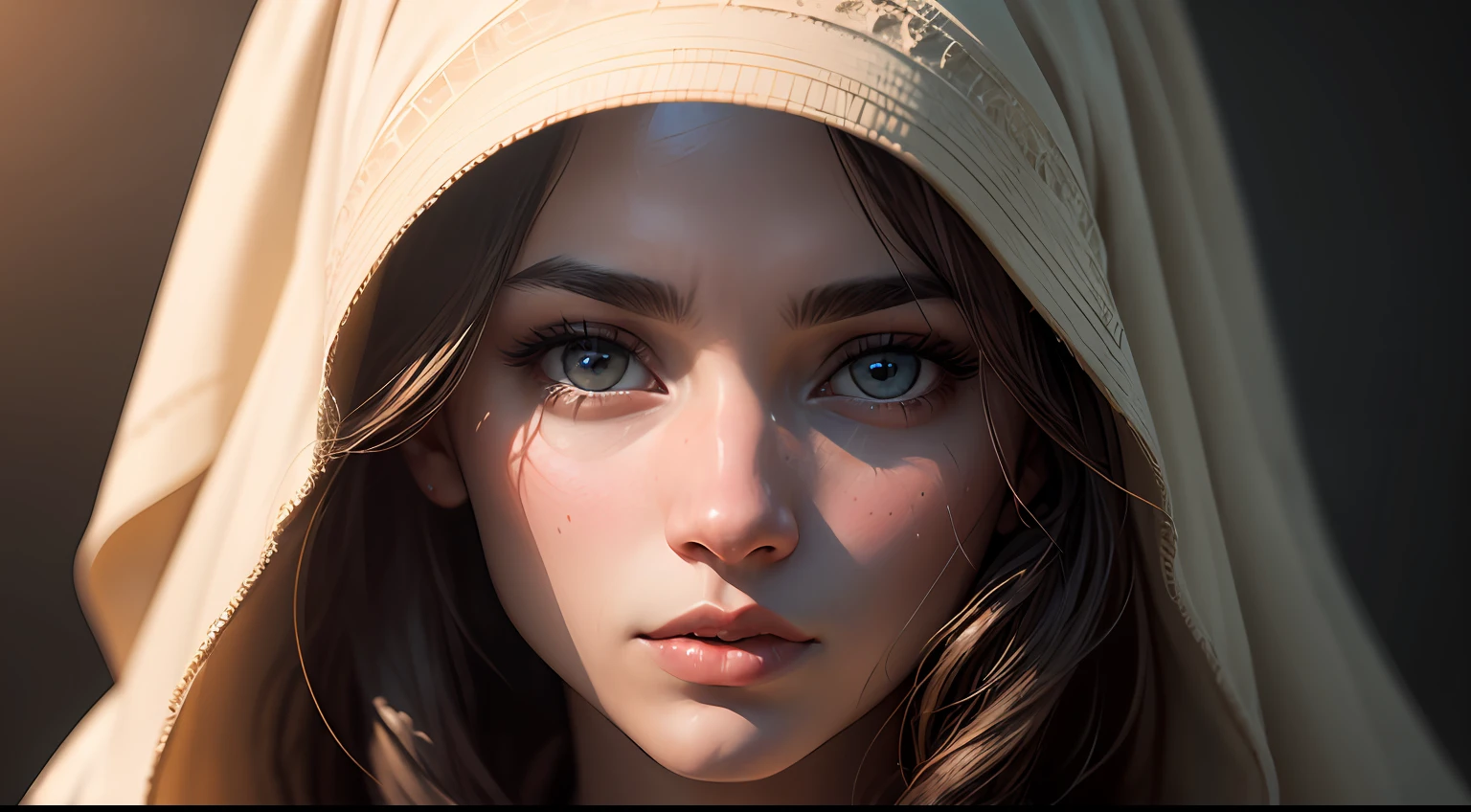 a photorealistic portrait of a stunningly beautiful woman without make-up, extremely detailed light hazel eyes, detailed symmetric realistic face, natural skin , extremely detailed skin with skin pores, peach fuzz, messy hair, wearing shawl over her head, masterpiece, absurdres, award winning photo by lee jeffries, nikon d850 film stock photograph, kodak portra 400 camera f1.6 lens, extremely detailed, amazing, fine detail, rich colors, hyper realistic lifelike texture, dramatic lighting, unrealengine, trending on artstation, cinestill 800 tungsten, looking at the viewer, photo realistic, RAW photo, TanvirTamim, high quality, highres, sharp focus, extremely detailed, cinematic lighting, 8k uhd --auto