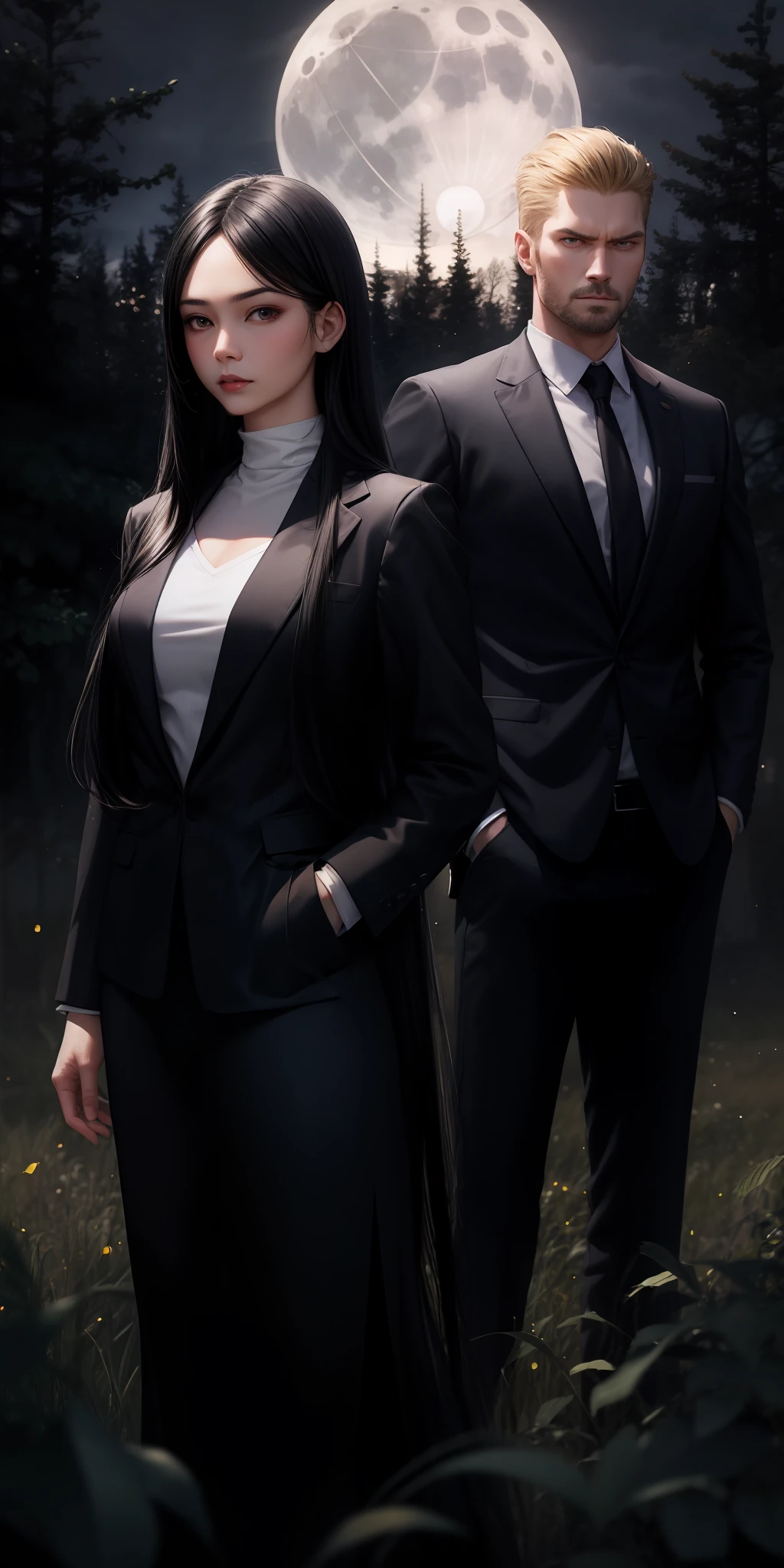 realistic, father and daughter, 1woman (long black hair), asiangirl, confident look, bright eyes, cropped top, skirt, hidden hands, moonlight, field, trees, square, 1man (long blond hair), russian man, strong masculine features, serious look, suit, lucifer, hands in pockets