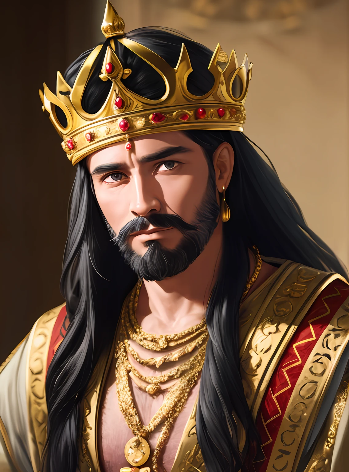 RAW photo, portrait of King Solomon, 40 year old man with a beard and long black hair, wearing the clothes of a King, (very detailed clothing), wearing a golden crown with red jewels, (very detailed crown), pale skin, slim body, (ancient temples background) (highly detailed skin: 1.2), 32k uhd, DSLR, soft lighting, high quality, film grain, Fujifilm XT3 --auto --s2