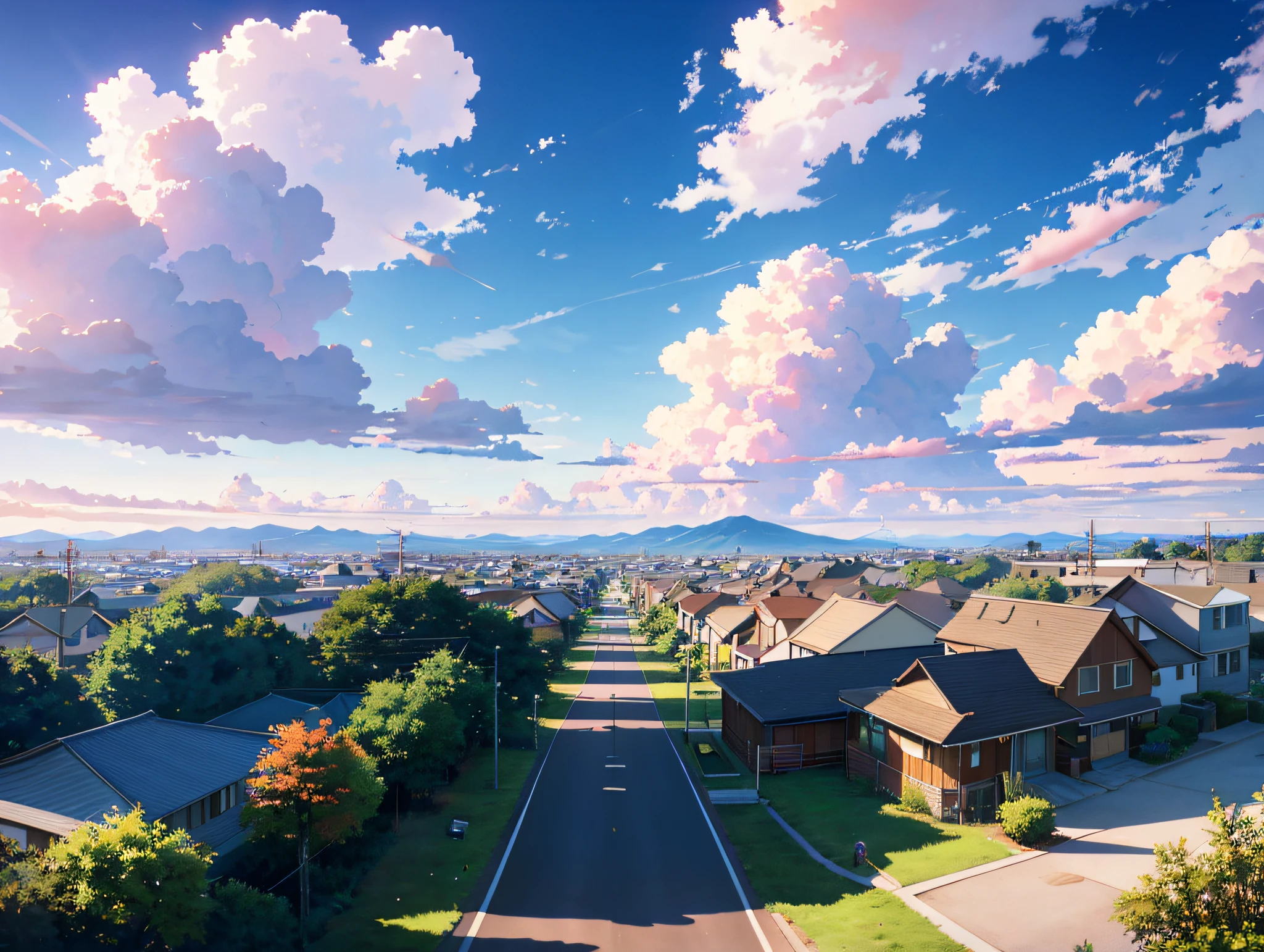 Beautiful cityscape in the style of Studio Ghibli, obra-First Art Station, flower beds on sidewalks, trees on some sidewalks, gramados, pessoas longe do observador, silhuetas de pessoas ao longe, soap bubbles flying in the foreground, imagem rica em detalhes perfeitos, warm and warm pastel colors, blue skies, beautiful flower petals and flying leaves, side lighting, luz solar nas casas e carros estacionados, 8K