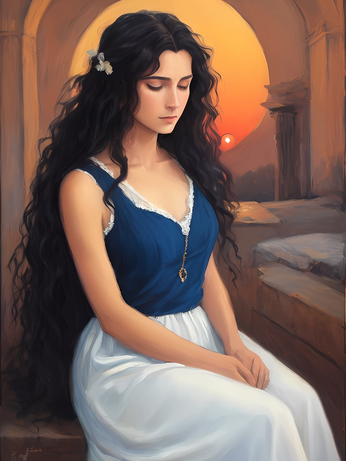 Oil painting of a sad woman, Greek goddess, long wavy black hair, very blue eyes, corps entier, assise sur un rochee, after crying, gros plan, (oil painting), ((grands coups de pinceau)), robe blanche et or, lever du soleil, digital, herbe verte, roches noires, pieds nus, long curly brown hair, ((réalisme)),huile, pinceaux, soft light, dark atmosphere,