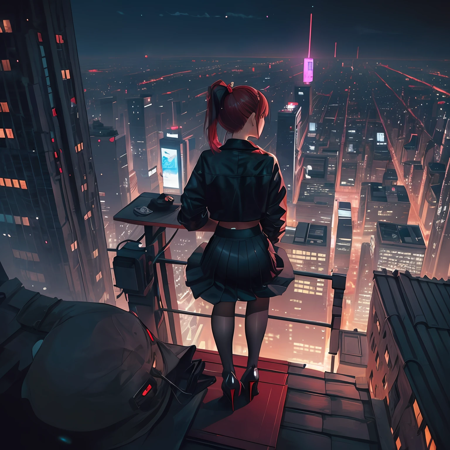 overlooking a futuristic city, night, slender, from behind, sitting, [detailed eyes], focused, 1girl, (solo:1.2), ((masterpiece)), ((detailed surroundings)), black skirt, black pantyhose, high heels, red hair, exterior, sitting on the (edge of a rooftop), ponytail, cyberpunk