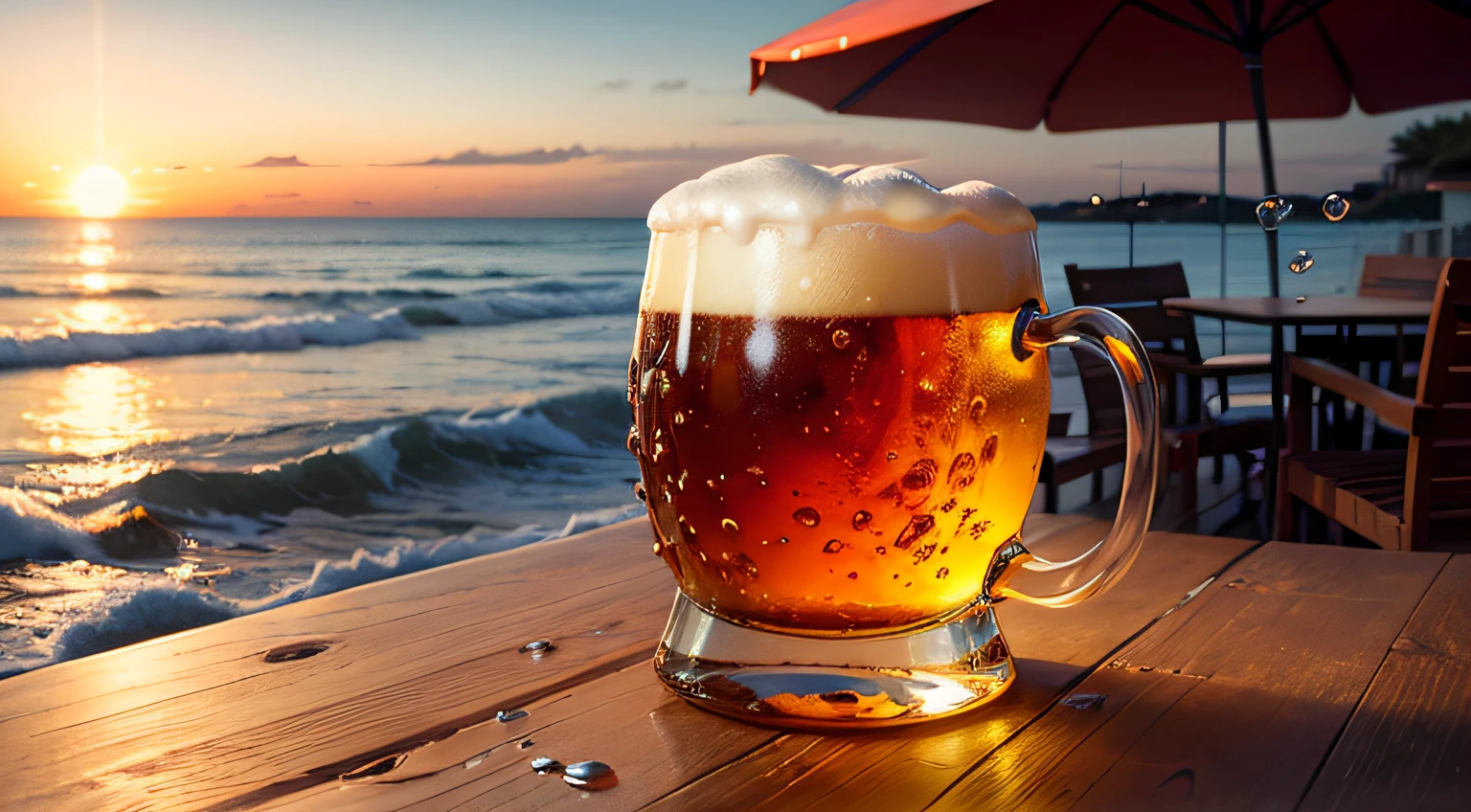 beer　seaside　Large mug　bubbles　Very little　It's chilling　yummy　The sea　beach　terraced　Fashionable --auto