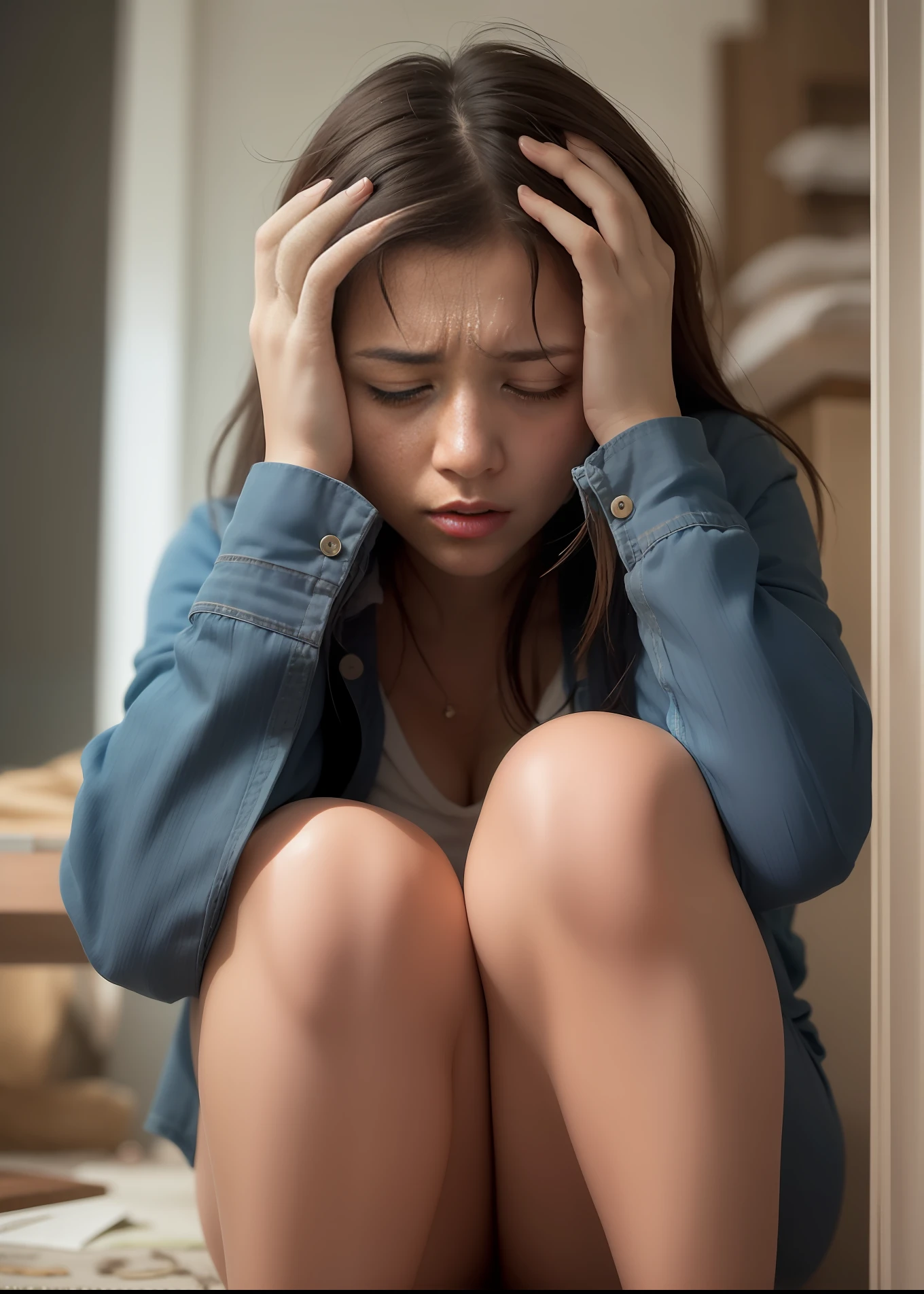 Super sad white woman is afflicted, isolated in her room sitting on the floor crying a lot , muito triste,  uma mulher jovem, crying expression