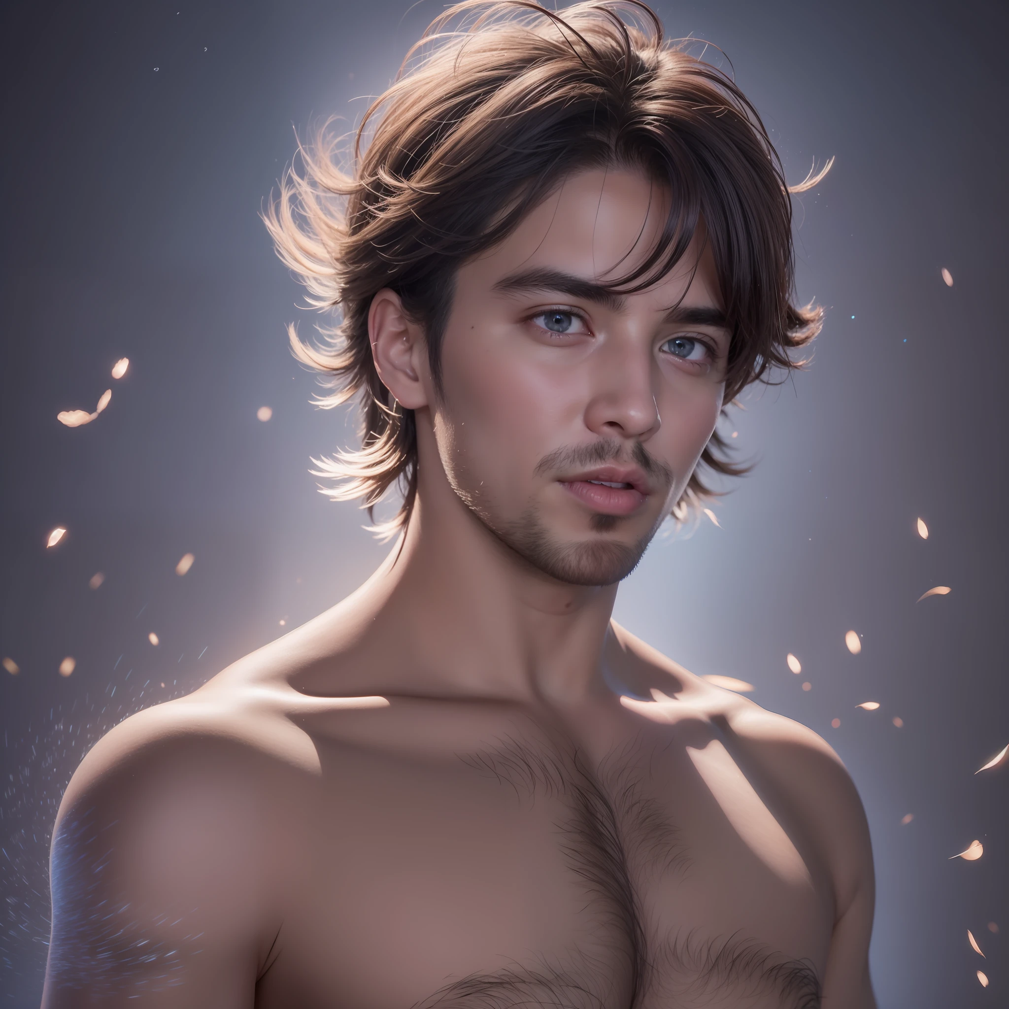 Hombre guapo de 25 años. Ojos azules. Pelo rubio oscuro. Cuerpo en forma. Topless. Standing in the dark and surrounded by many fireflies that light up his face. Fotorrealista, hiperdetallado, high quality, 8k