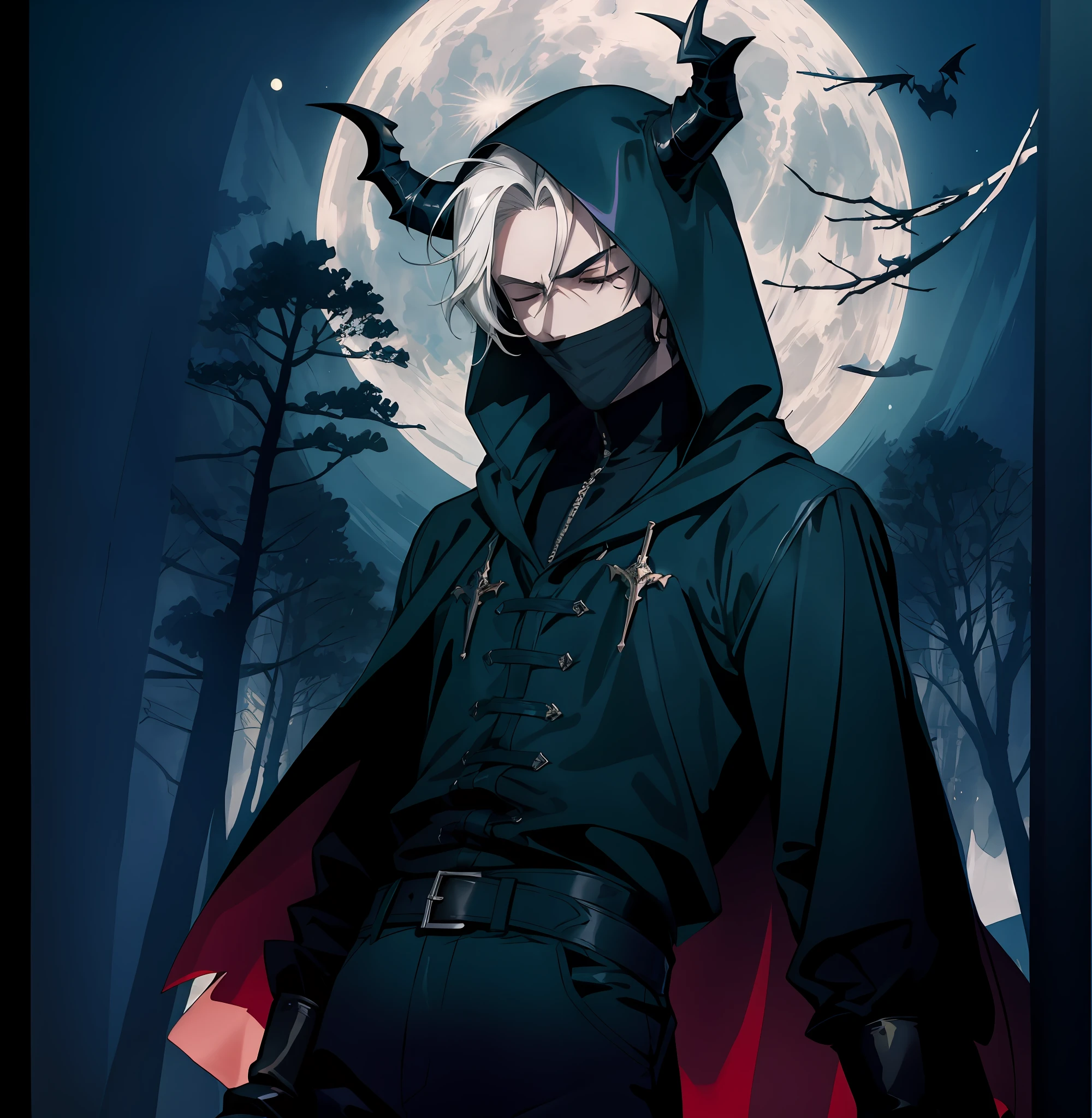 anime - Imagen de estilo de un vampiro masculino con una chaqueta negra con capucha y capa roja, Chico guapo en el arte de Demon Slayer, Trigger anime artstyle, badass anime 8 k, Johan Liebert mezclado con Alucard, androgynous vampire, Arte clave del anime, anime lush john 8k woods, digital anime illustration, Estilo anime masculino, El vampiro, Personaje de estilo anime, closed eyes