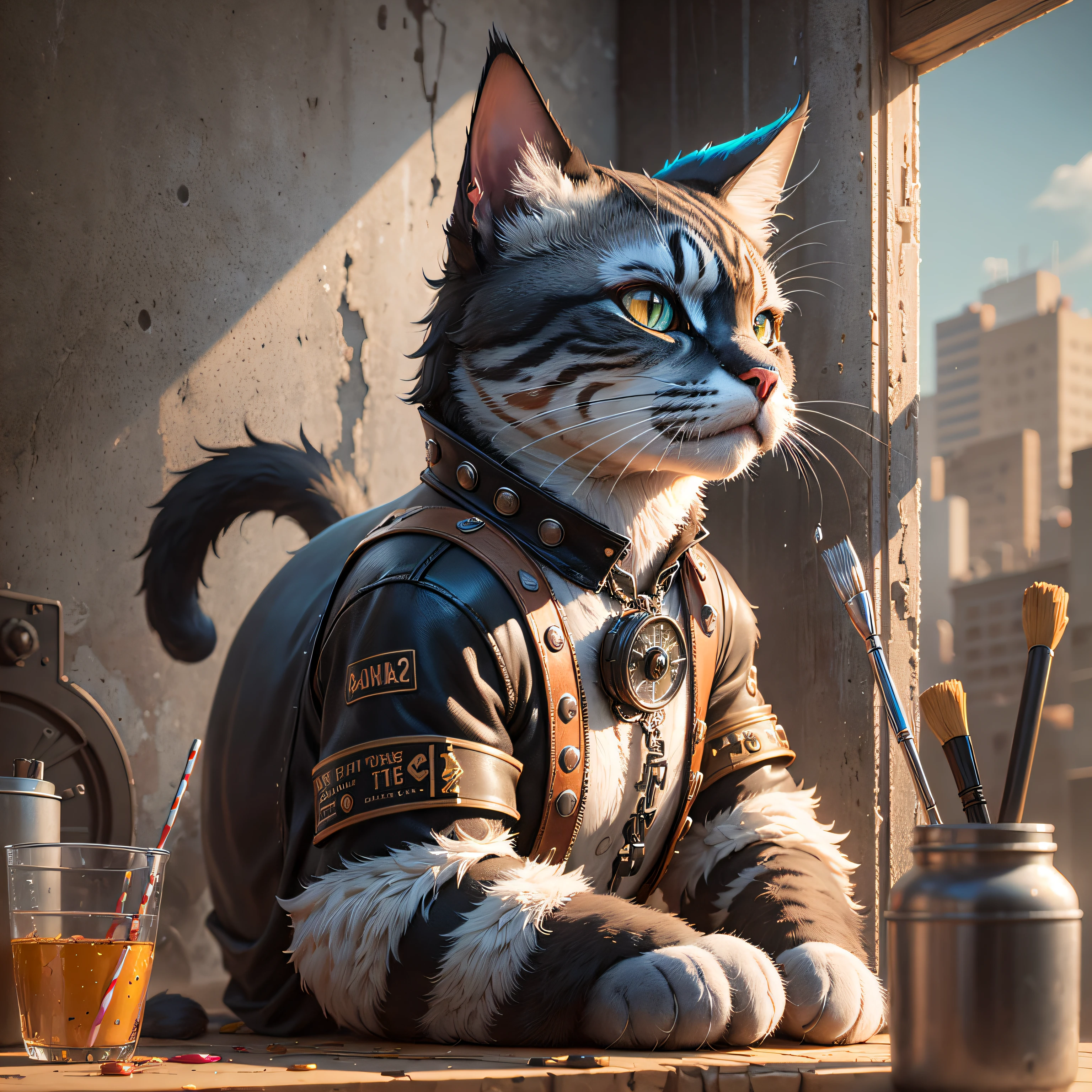 gato, pelo listrado cinza, ouvindo musica, cap, sorrindo, animation --auto