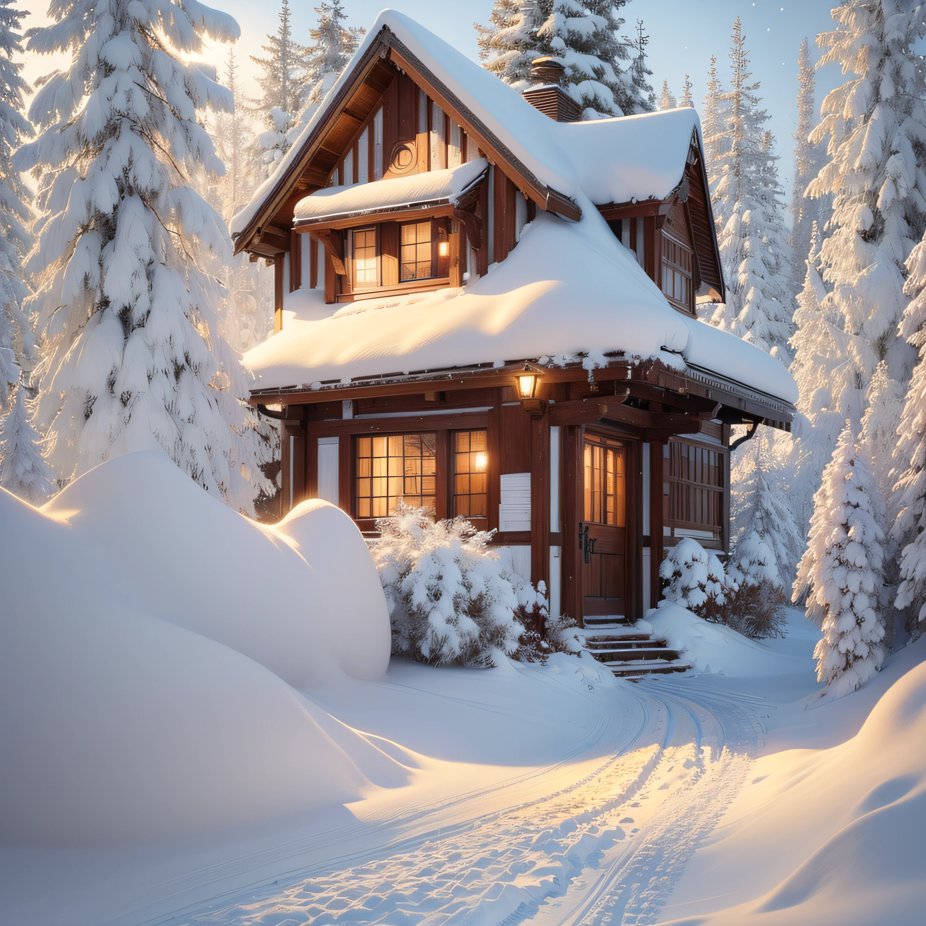 Ein kleines Holzhaus im Wald, auf dem Dach sehr viel Schnee, im Fenster leuchtet eine Licht, a cute bunny sits in front of it and looks in through the window, viele Details, fotorealistischisch, Meisterwerk --auto