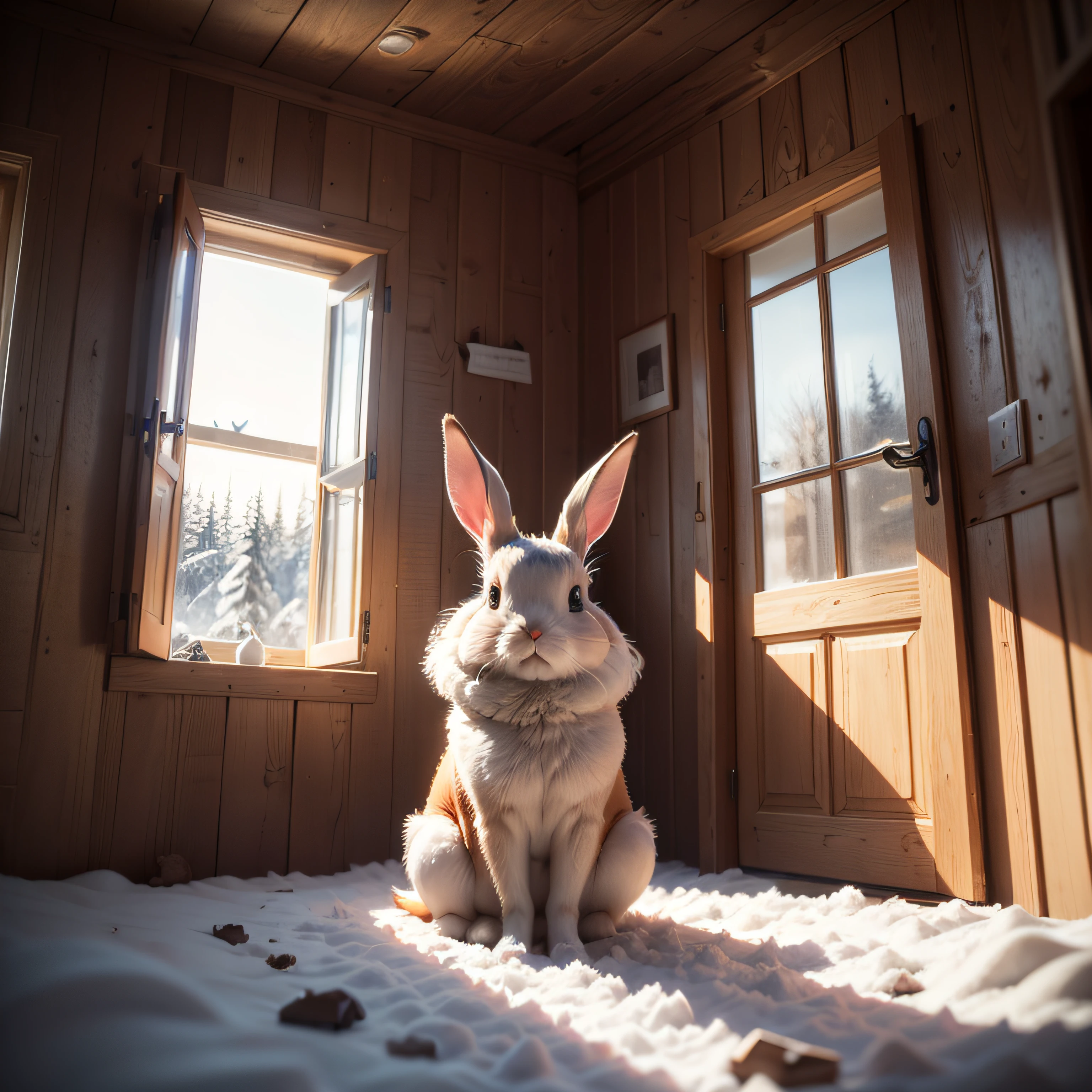 Ein kleines Holzhaus im Wald, auf dem Dach sehr viel Schnee, im Fenster leuchtet eine Licht, a cute bunny sits in front of it and looks in through the window, viele Details, fotorealistischisch, Meisterwerk --auto