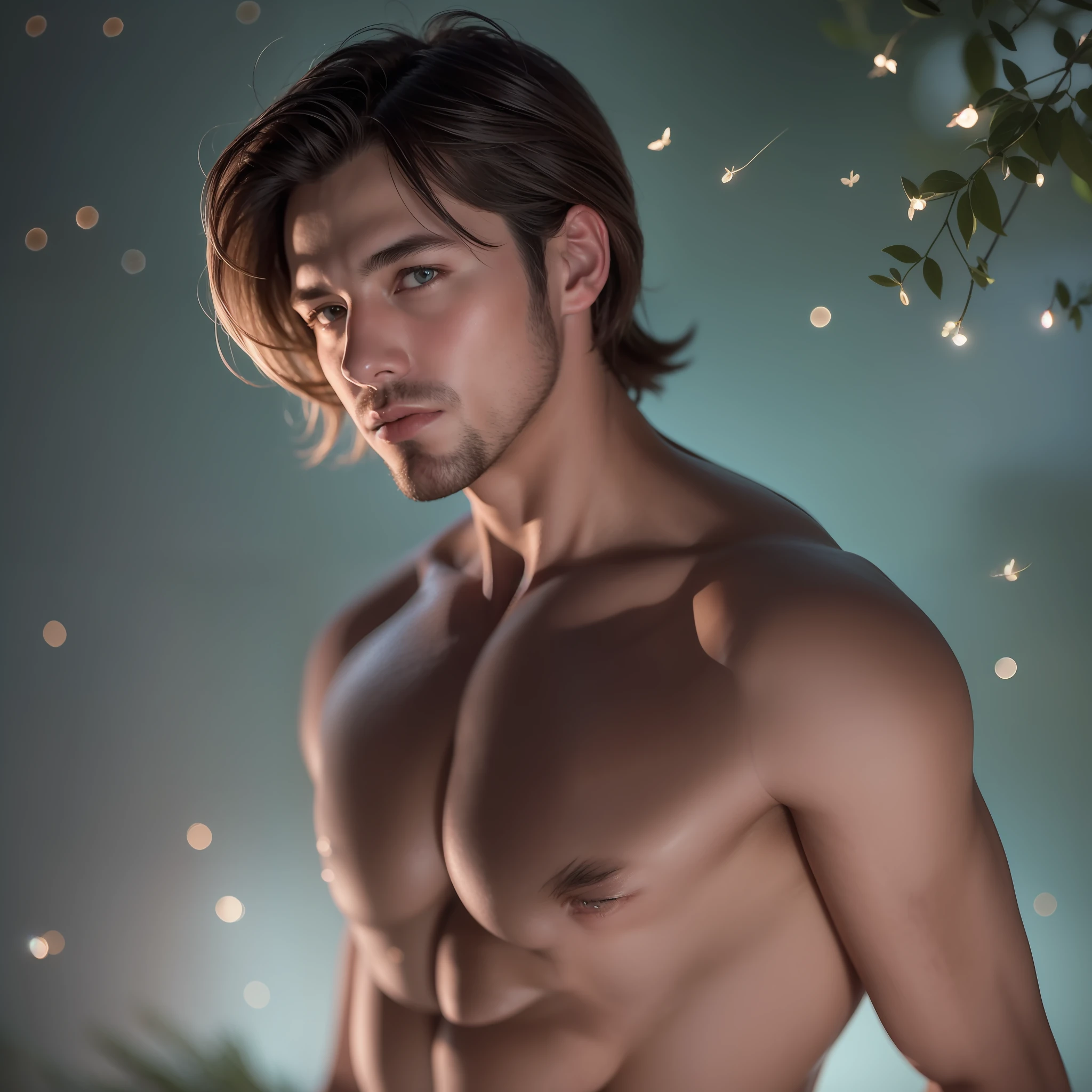 guapo landon jensen de 25 años. Ojos azules. Pelo rubio oscuro. Cuerpo en forma. Topless. Standing in the dark and surrounded by many fireflies that light up his face. Fotorrealista, hiperdetallado, Alta calidad, 8k