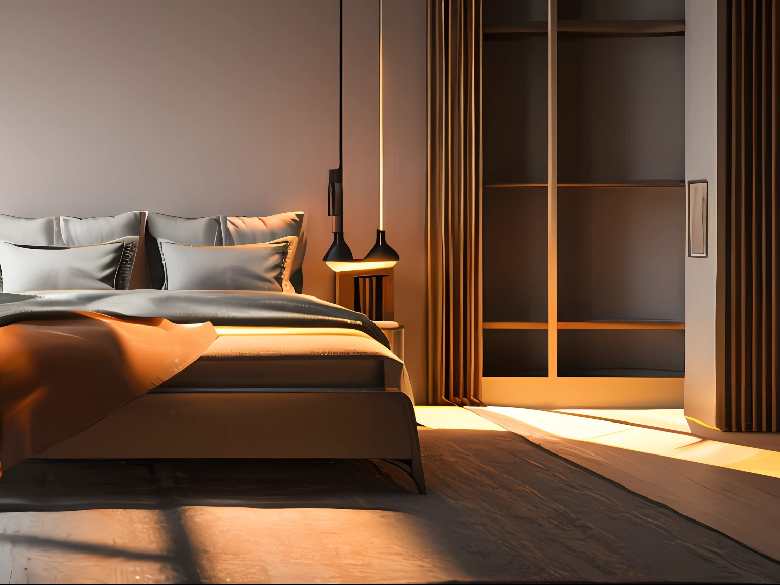 3d render de um vintage, cozy interior lighting, artstation, ultra detalhado, cinematic, DAZ, hiper realista, octano, one ROOM and window at night. Art bed decoration with handmade realistic, 3DMDT1